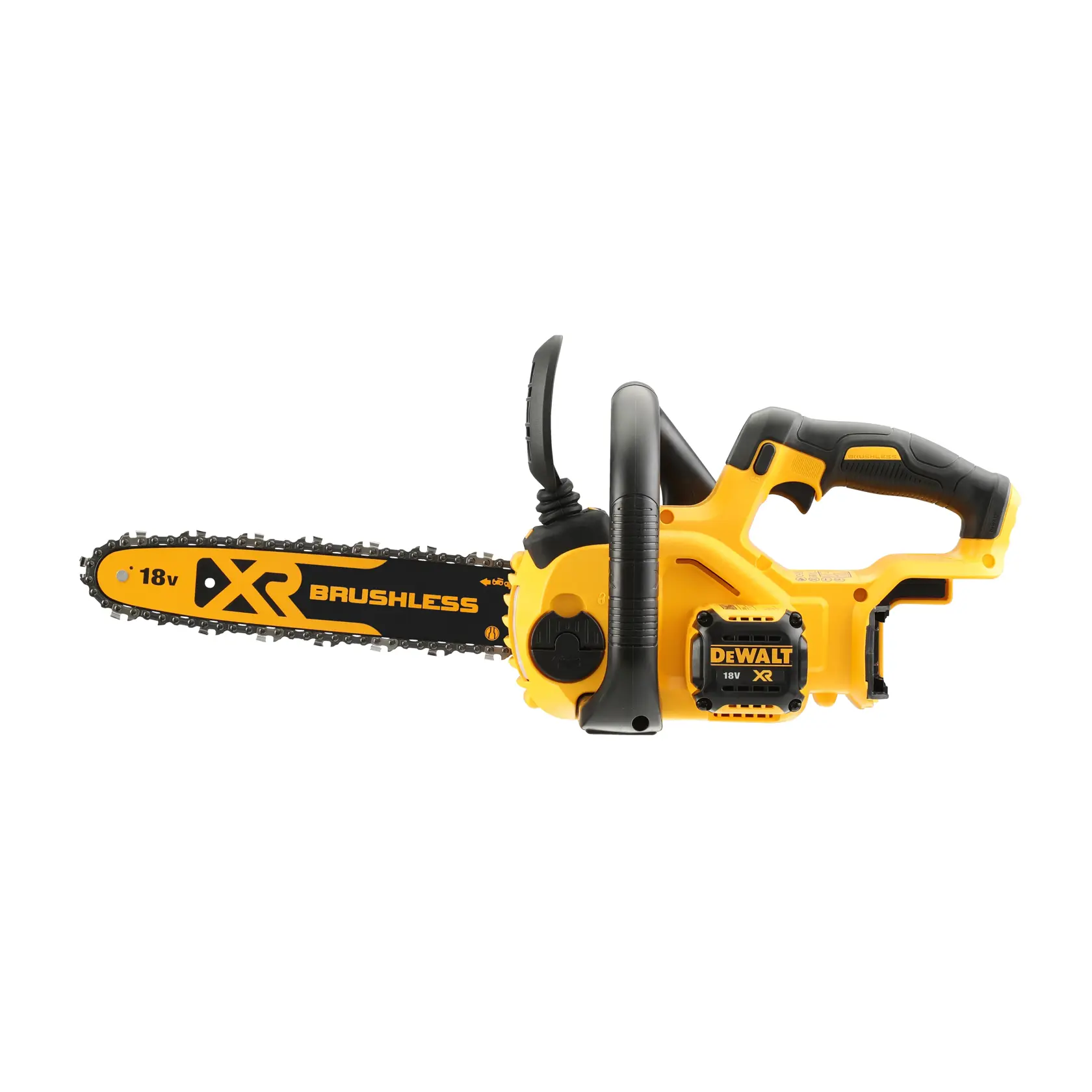 A yellow and black cordless brushless chainsaw with an 18V battery, featuring the DEWALT logo and XR branding, displayed on a white background.