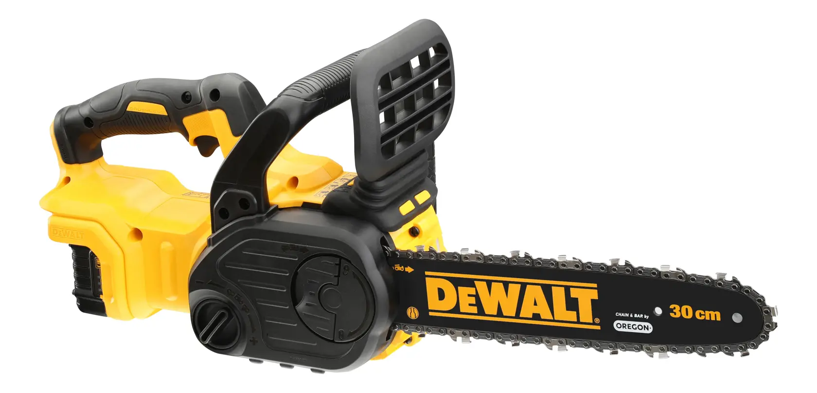 Motosega a batteria DEWALT con lama da 30 cm, gialla e nera, per taglio legno.