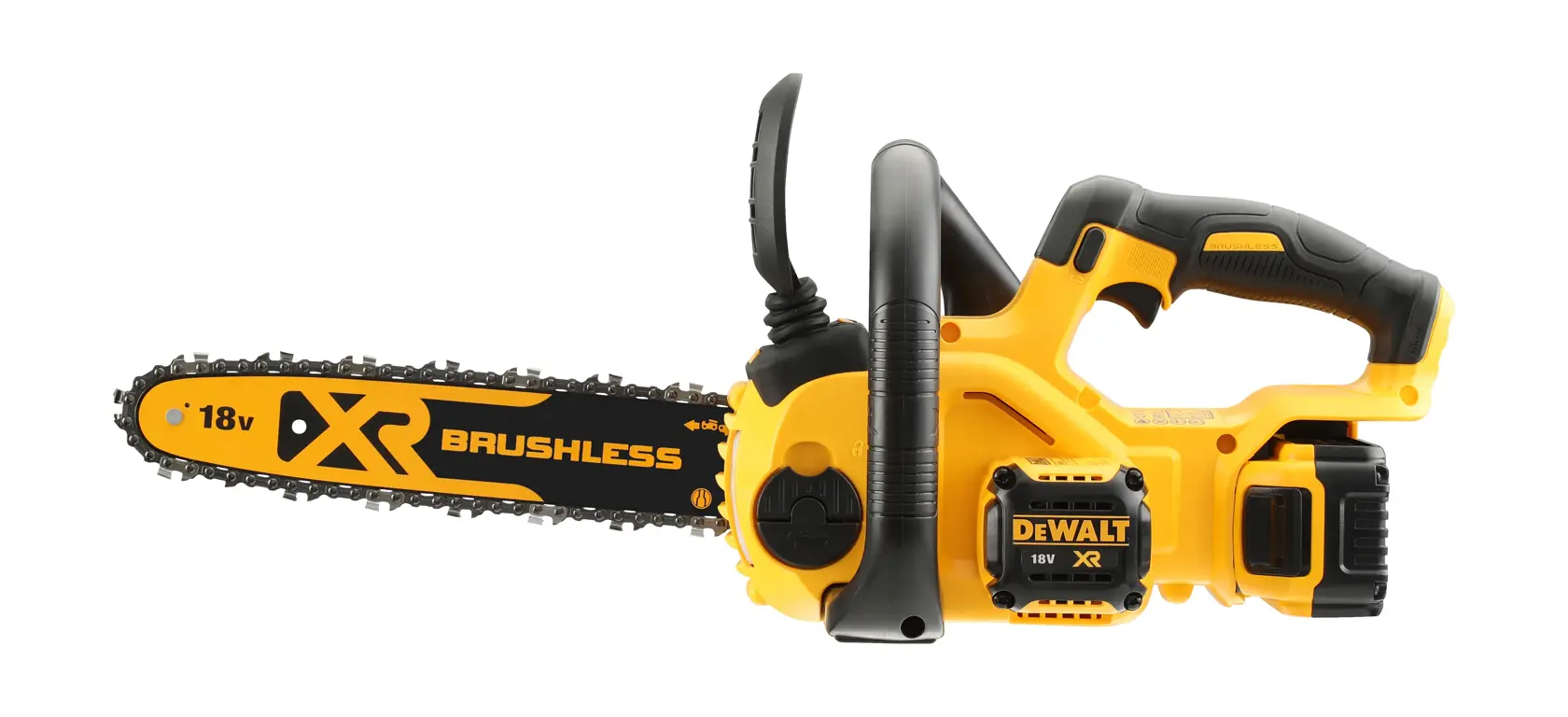 Motosega a batteria DEWALT 18V XR Brushless gialla e nera, vista laterale.