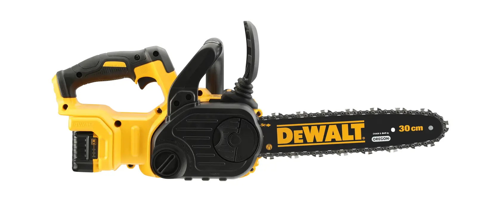 Motosega DEWALT senza fili con lama da 30 cm, design giallo e nero, vista laterale.