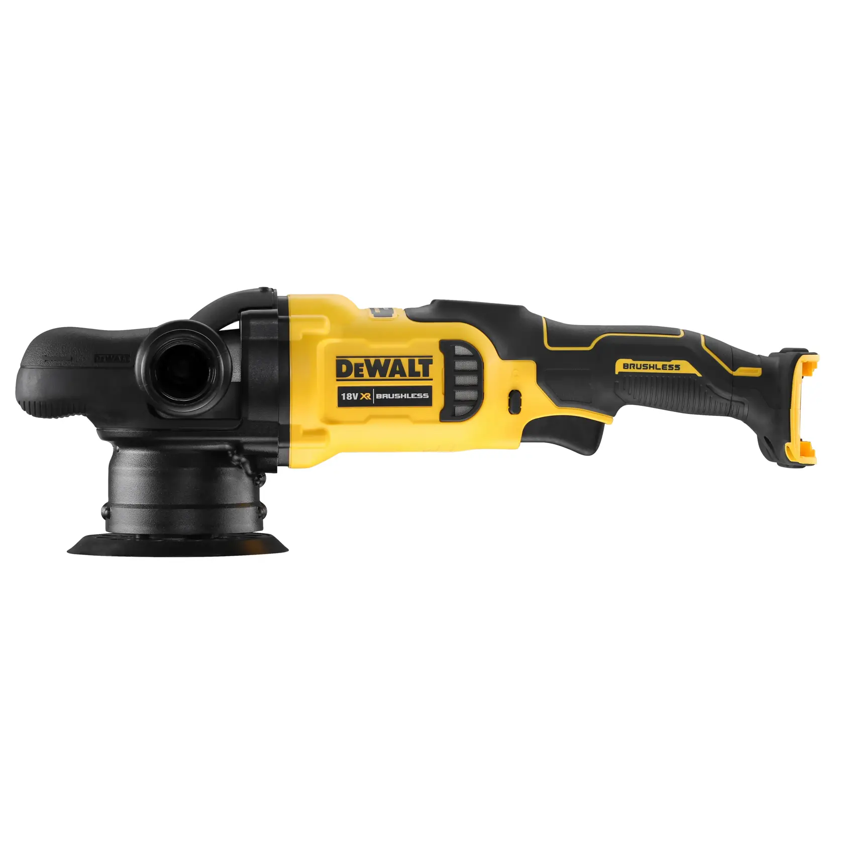 DEWALT DCM848N cordless yellow and black polisher tool with brushless motor, shown from side view.