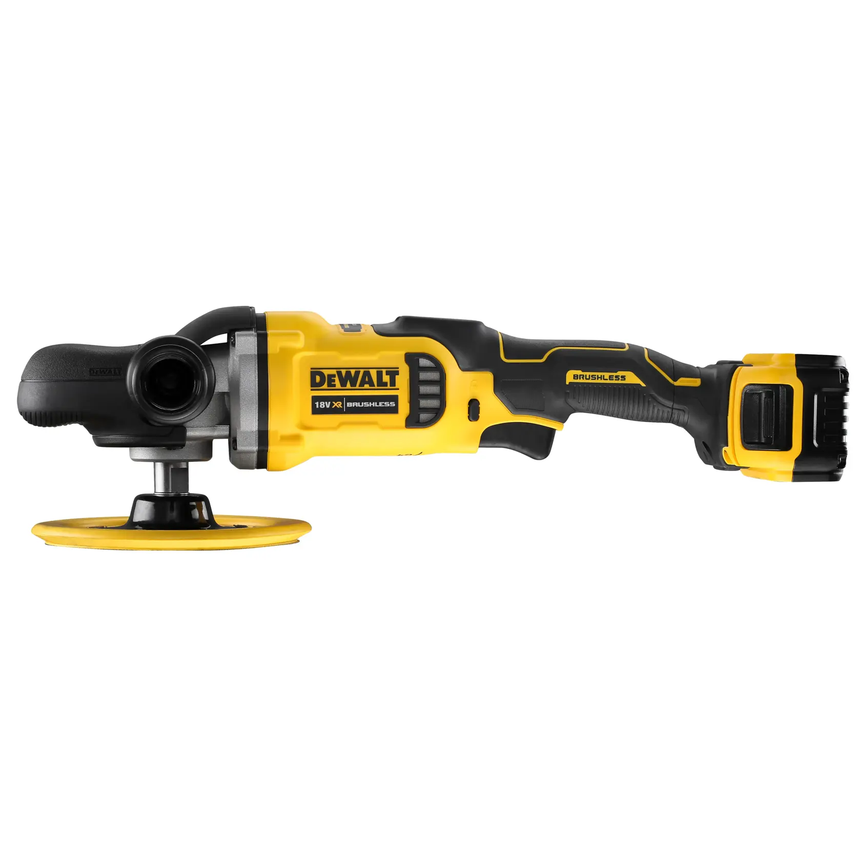 DEWALT cordless yellow and black polisher tool with brushless motor and battery attached.