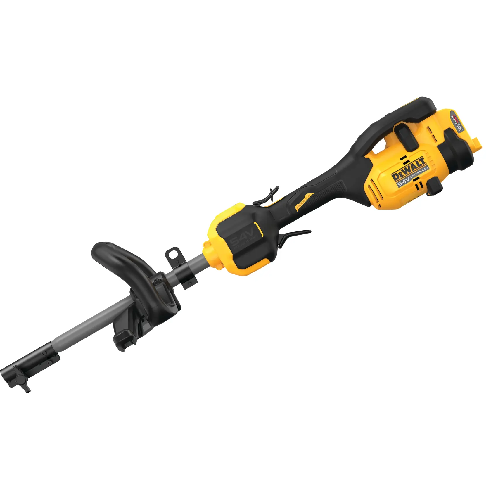 A DEWALT branded cordless power tool with a yellow and black design, featuring a handle and a straight shaft, likely used for trimming or cutting tasks.