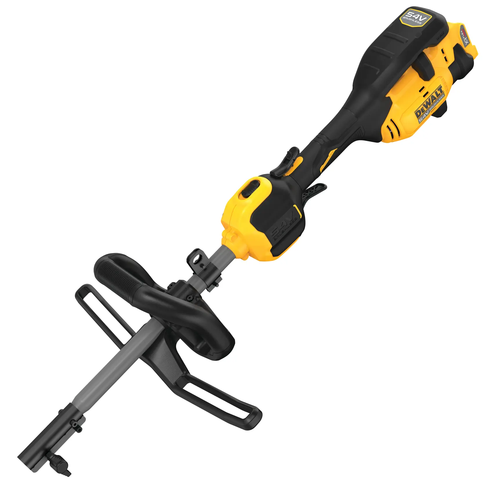 A DEWALT cordless outdoor power tool, featuring a black and yellow ergonomic handle and a metal attachment shaft, viewed at an angle on a white background.