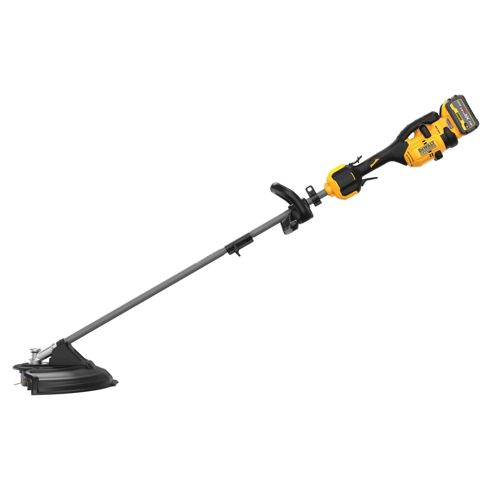 Cordless yellow and black DEWALT string trimmer with a long gray shaft, black handle, and battery pack attached at the end.