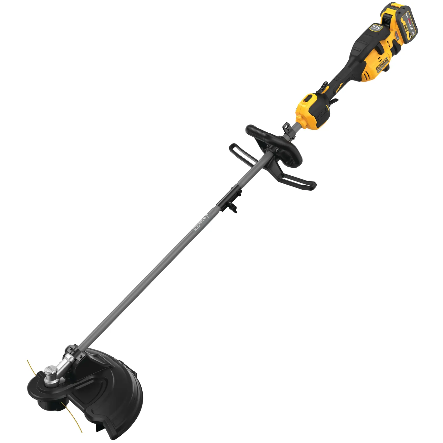A cordless yellow and black DEWALT string trimmer with a straight shaft, auxiliary handle, and protective guard, designed for outdoor yard work.