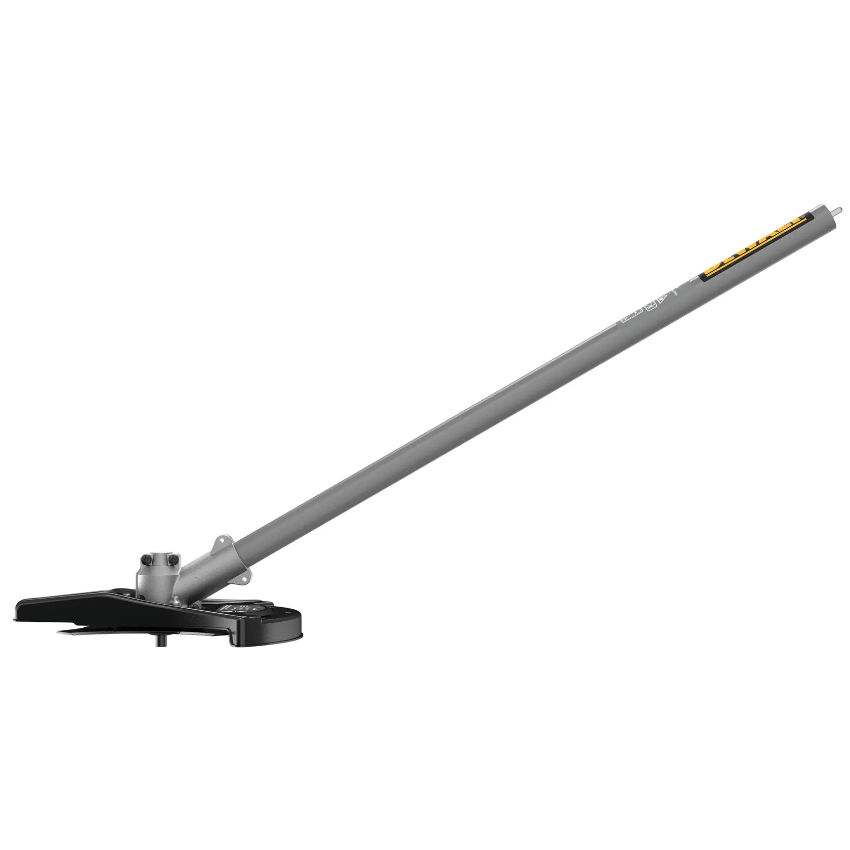 A DEWALT grey metal brush cutter attachment with a protective guard, shown against a white background.