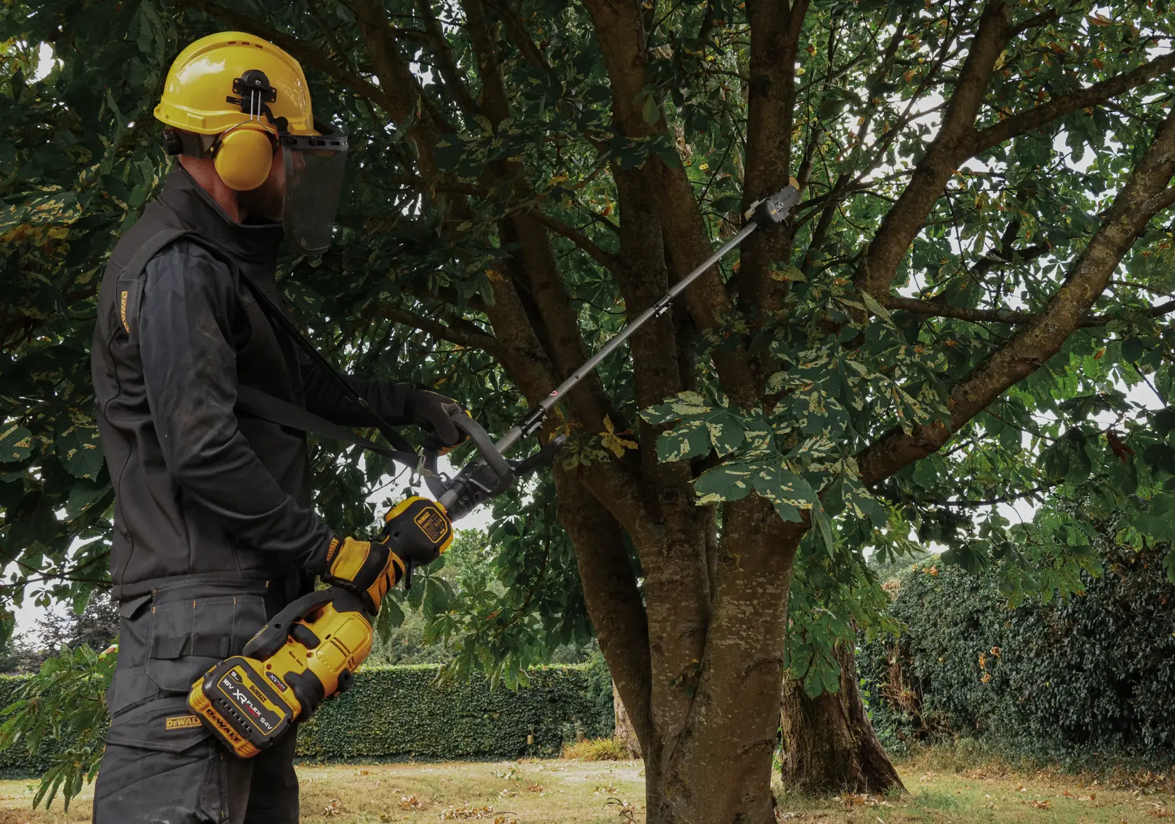 DEWALT photography of tree trimming tool. SKUs: DCMASED57X1, DCMASED9N, DCMASPH6N, DCMASPS5N, DCMASST1N, DCMASBC1N