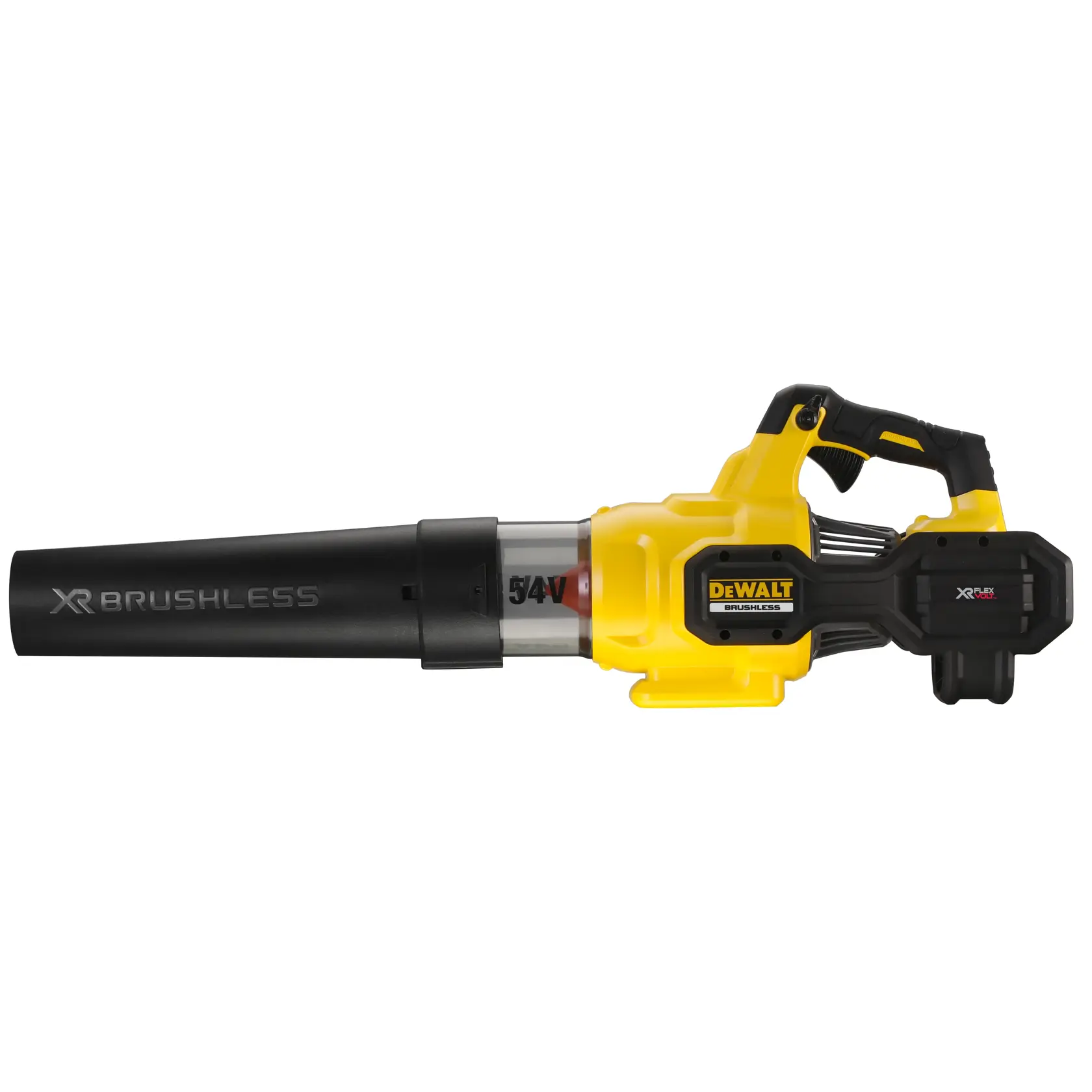 Soffiatore DEWALT senza fili, giallo e nero, motore XR brushless, vista laterale.
