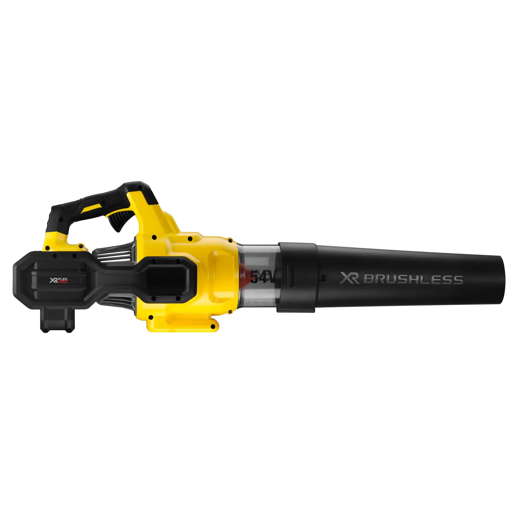 Soffiatore di foglie DEWALT giallo e nero con motore XR Brushless, vista laterale su sfondo bianco.