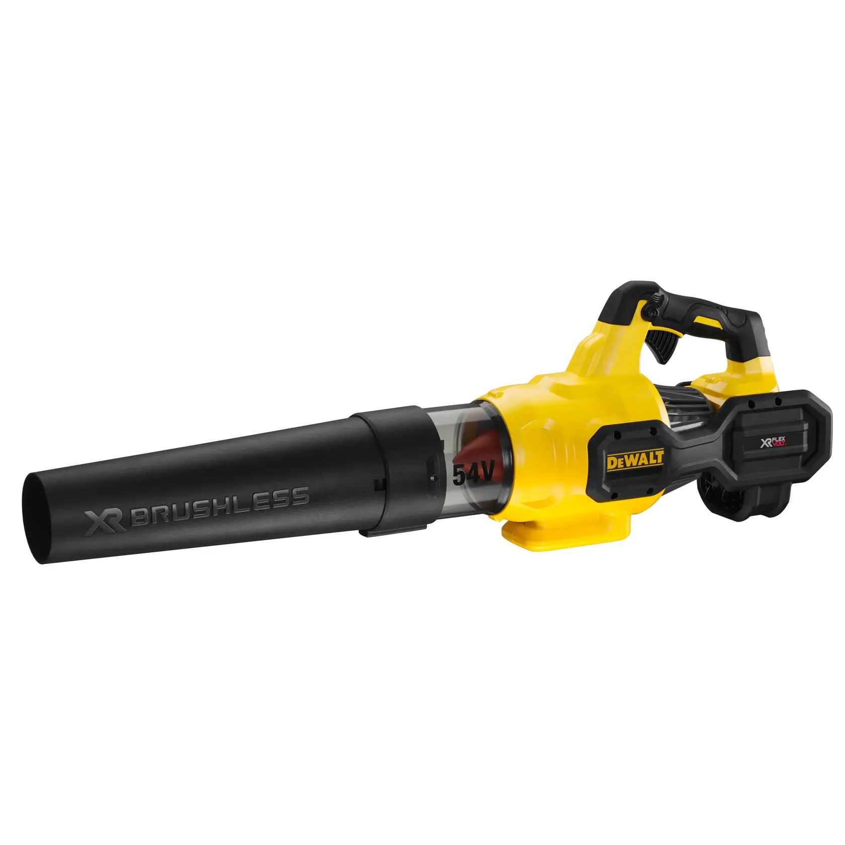 DEWALT 54V cordless yellow and black leaf blower with XR brushless motor, side view.
