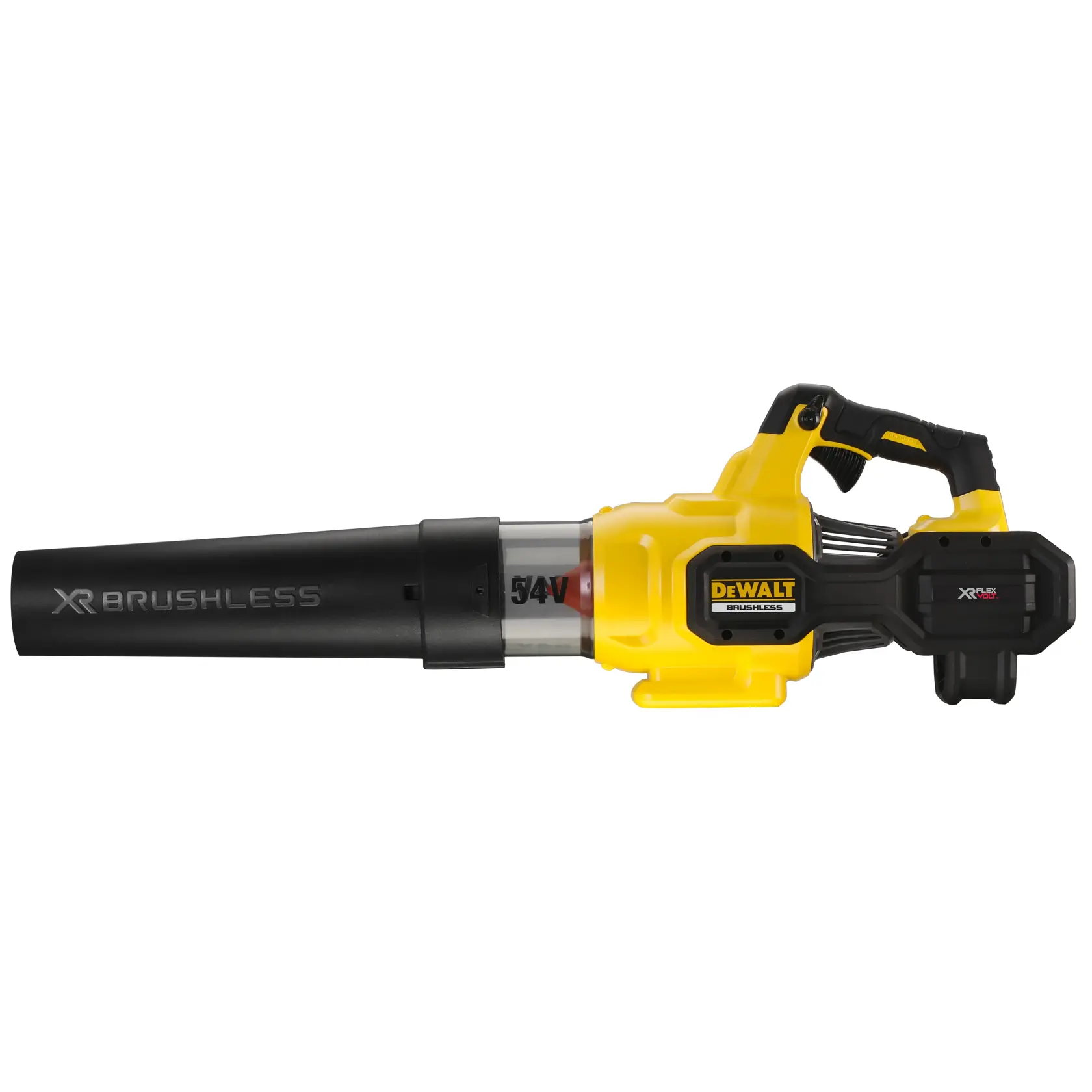 DeWalt XR Brushless cordless leaf blower in black and yellow with 54V battery.