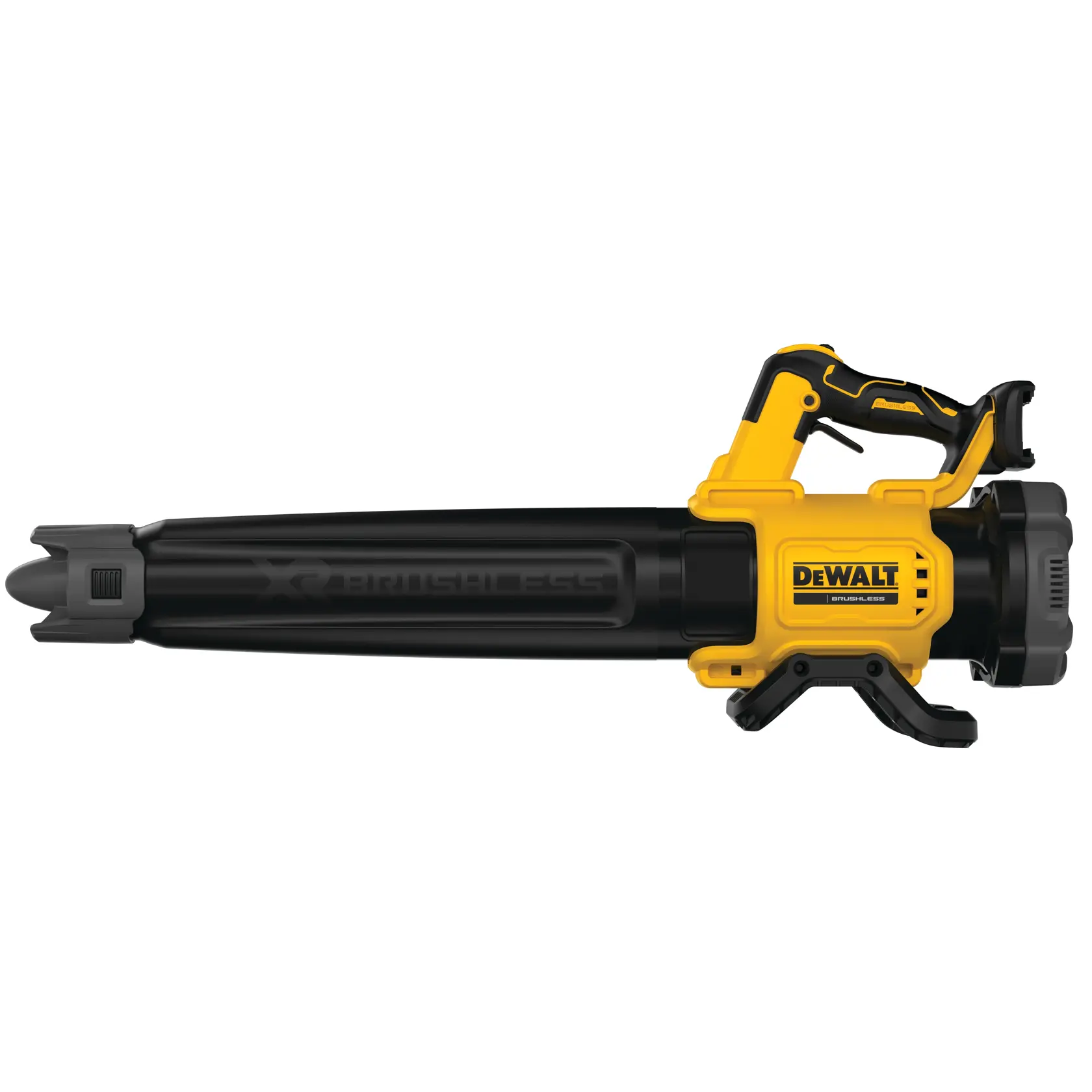 DEWALT cordless leaf blower, yellow and black, brushless, side view, model DCMBL562N, outdoor power tool.