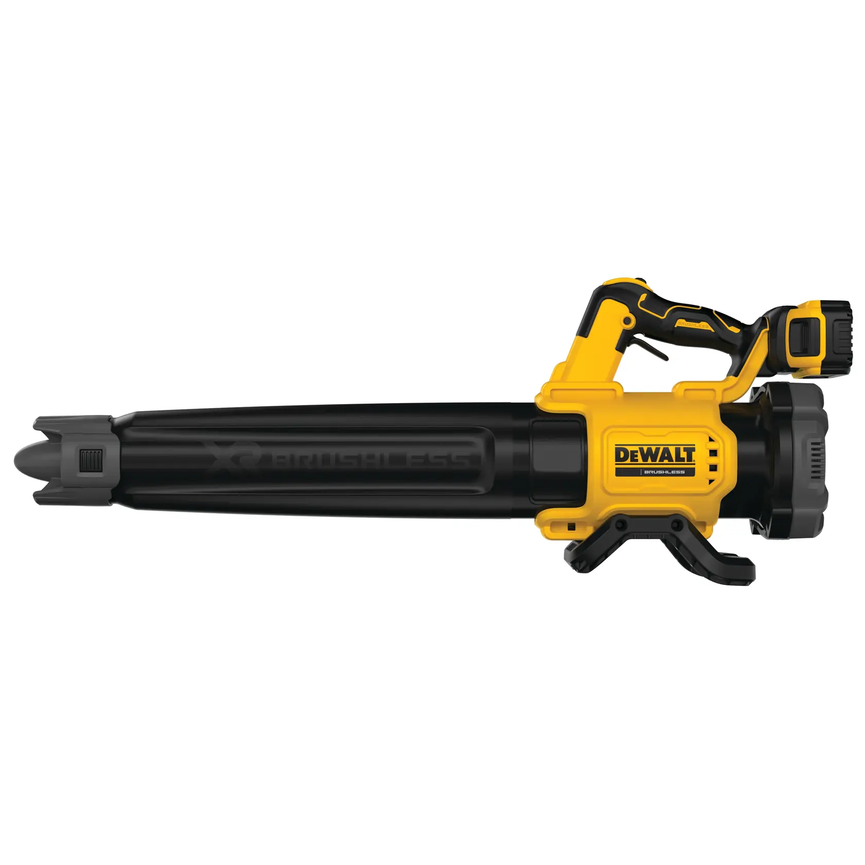 DEWALT cordless handheld leaf blower with black and yellow body, battery attached on top, side view.
