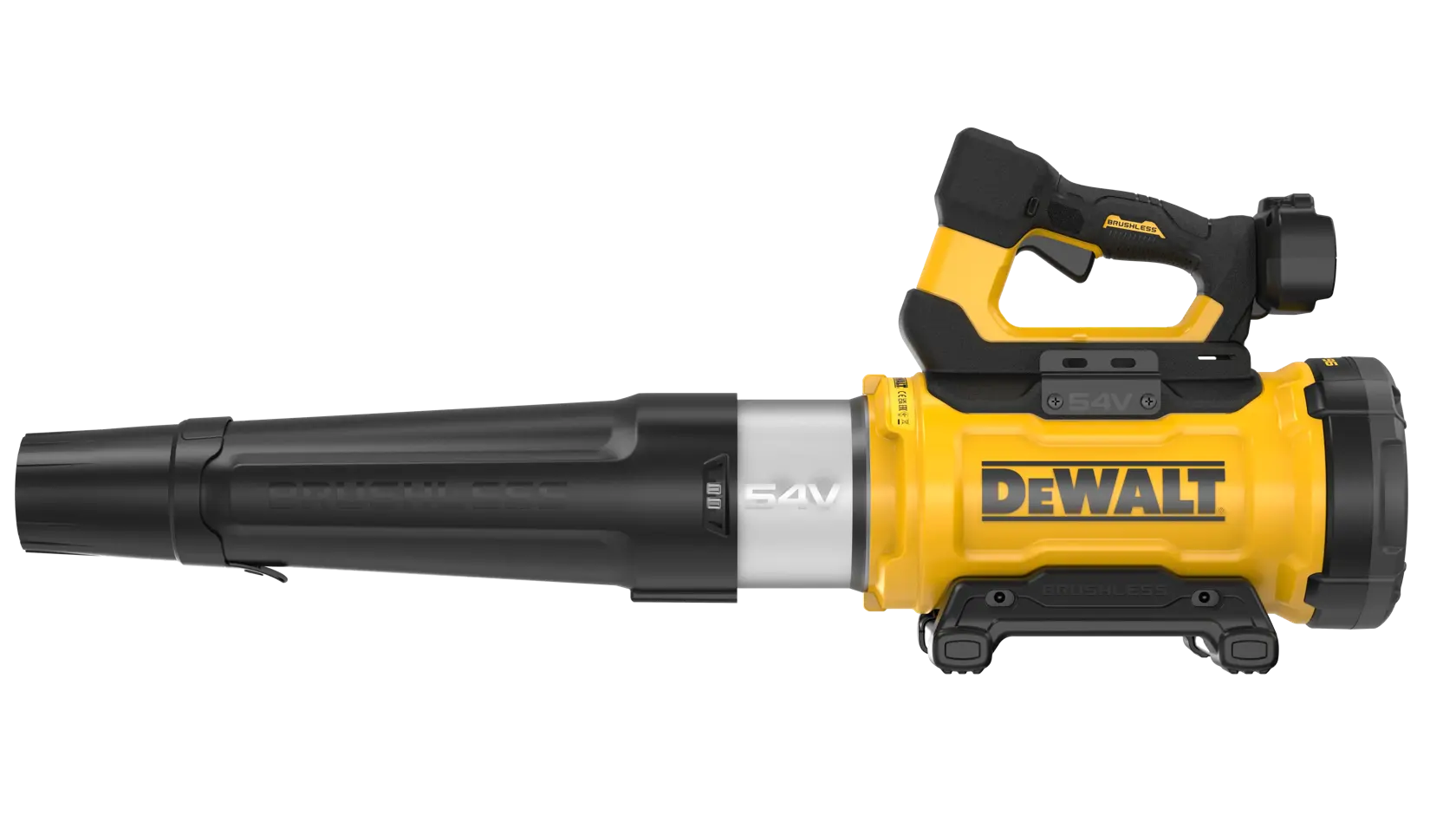 DEWALT 54V cordless leaf blower with yellow and black design, side view on white background.