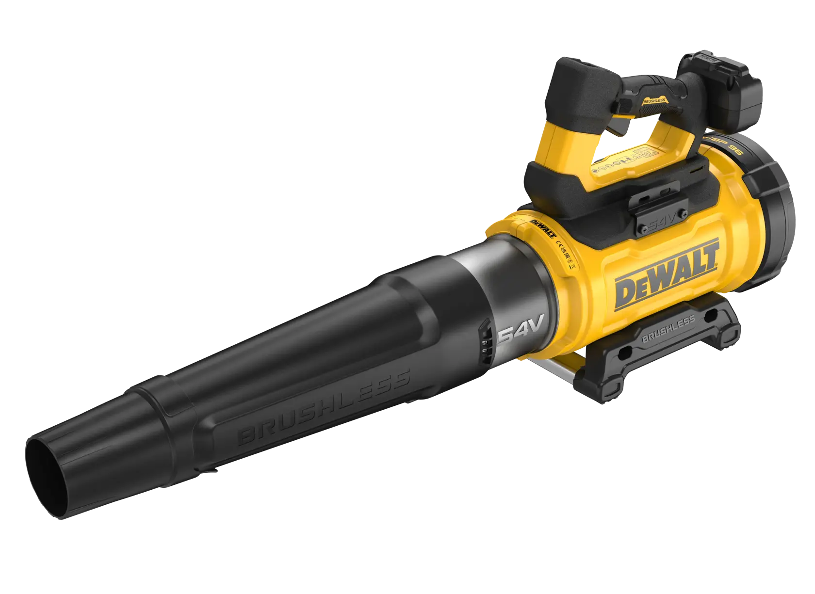 DEWALT 54V cordless leaf blower with ergonomic handle and brushless motor, shown angled on white background.