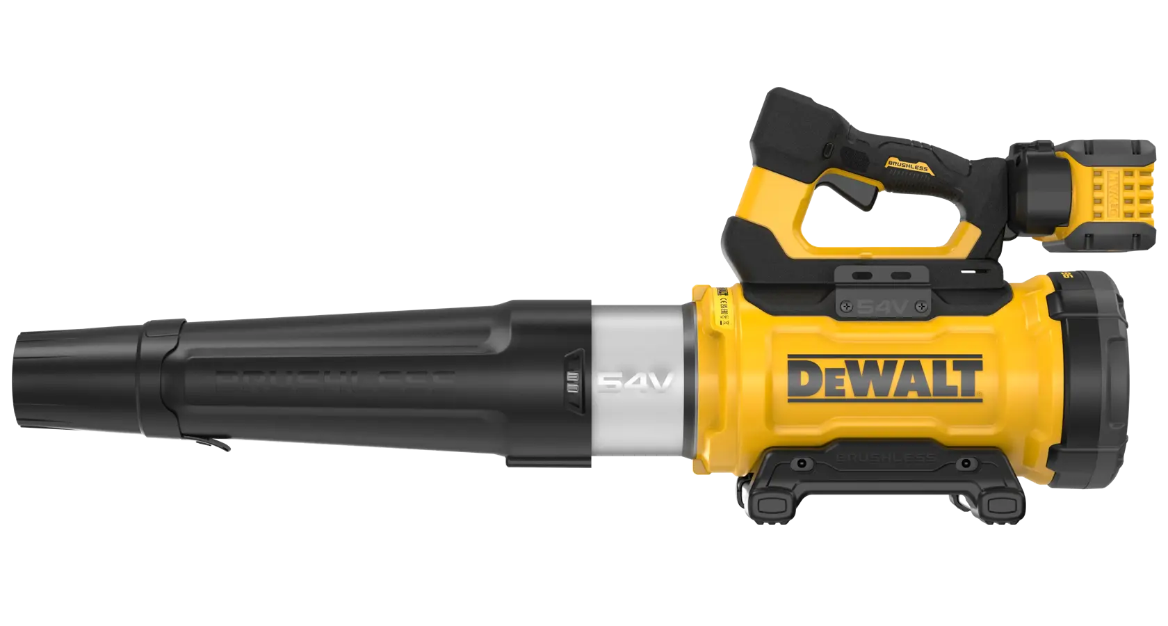 DEWALT DCMBL777X1 cordless leaf blower, yellow and black, shown from the side on a white background.