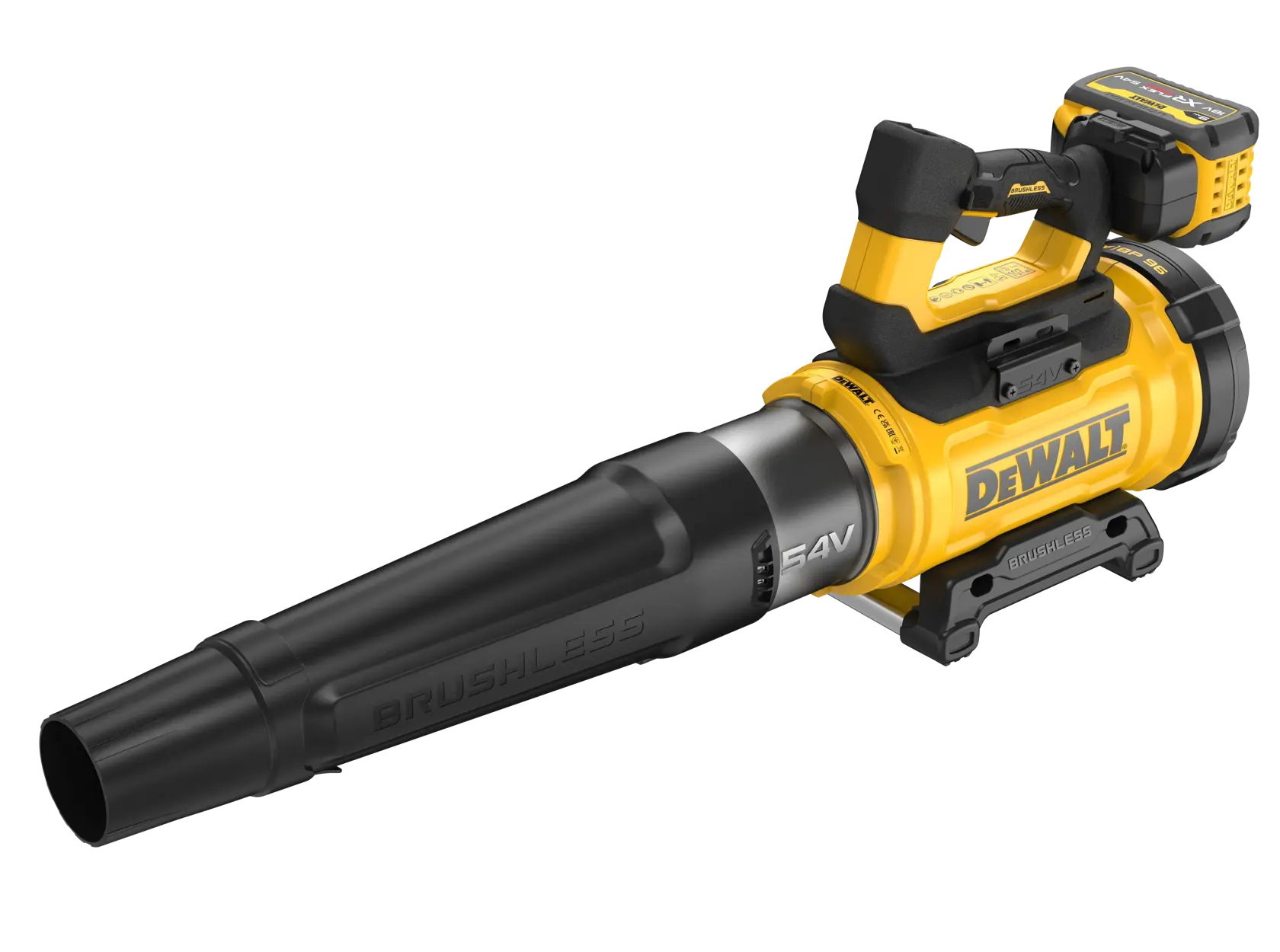 DEWALT cordless leaf blower with yellow body, black nozzle and a battery attached at the rear.