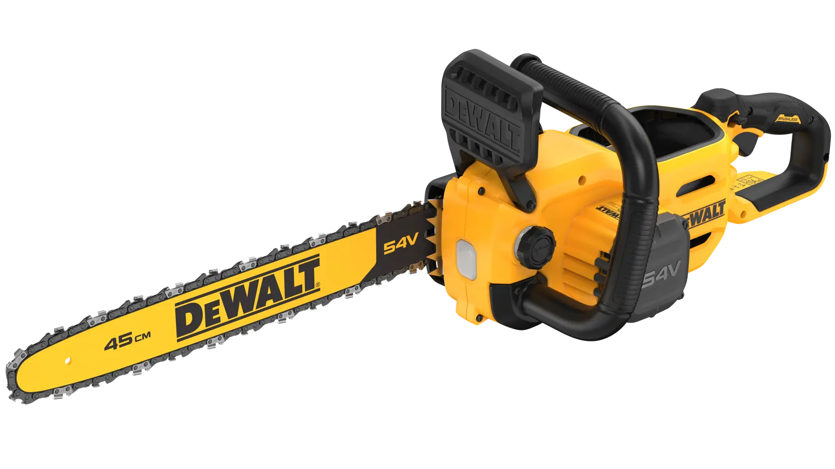 DEWALT 54V cordless chainsaw with yellow and black body and 45 cm blade.