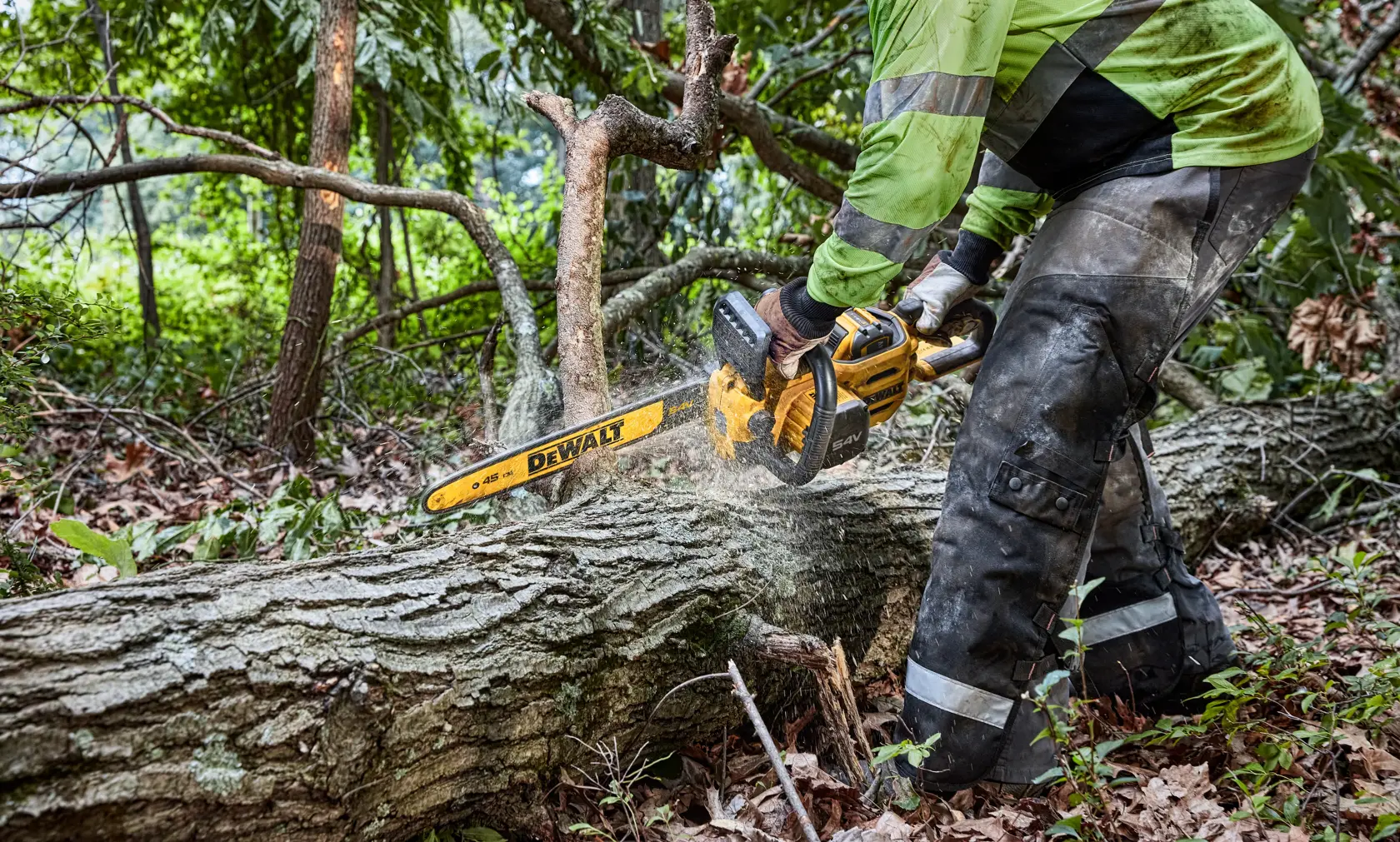 A person using a DEWALT cordless chainsaw to cut a fallen tree trunk outdoors in a forested area.
