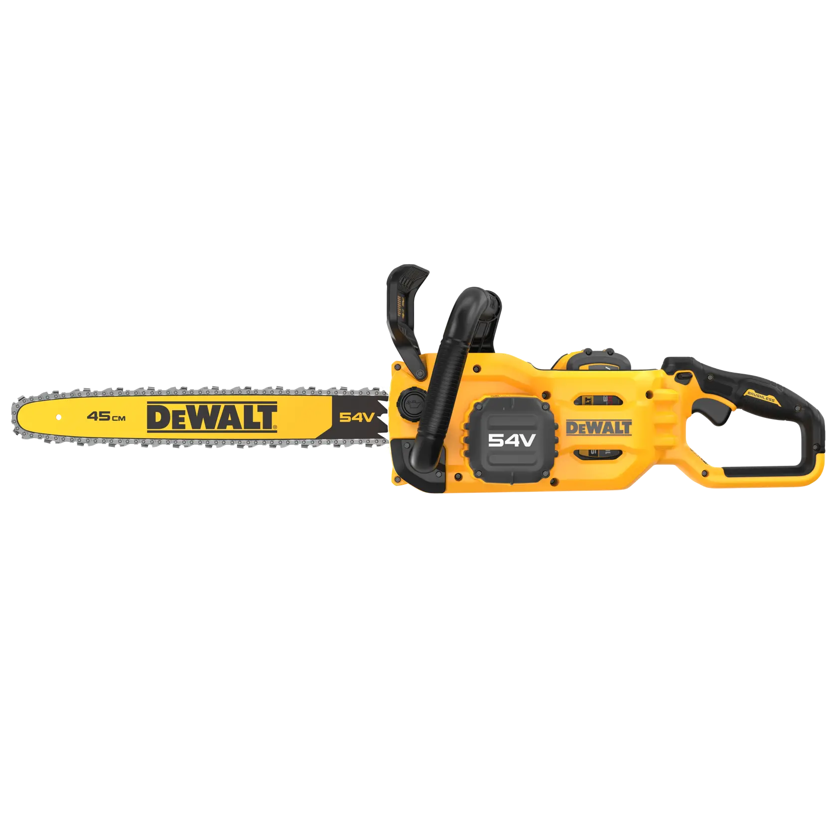 DEWALT chainsaw, yellow, 54V, model DCMCS574X1, DCMCS574X1-QW, photography product, 45cm blade.