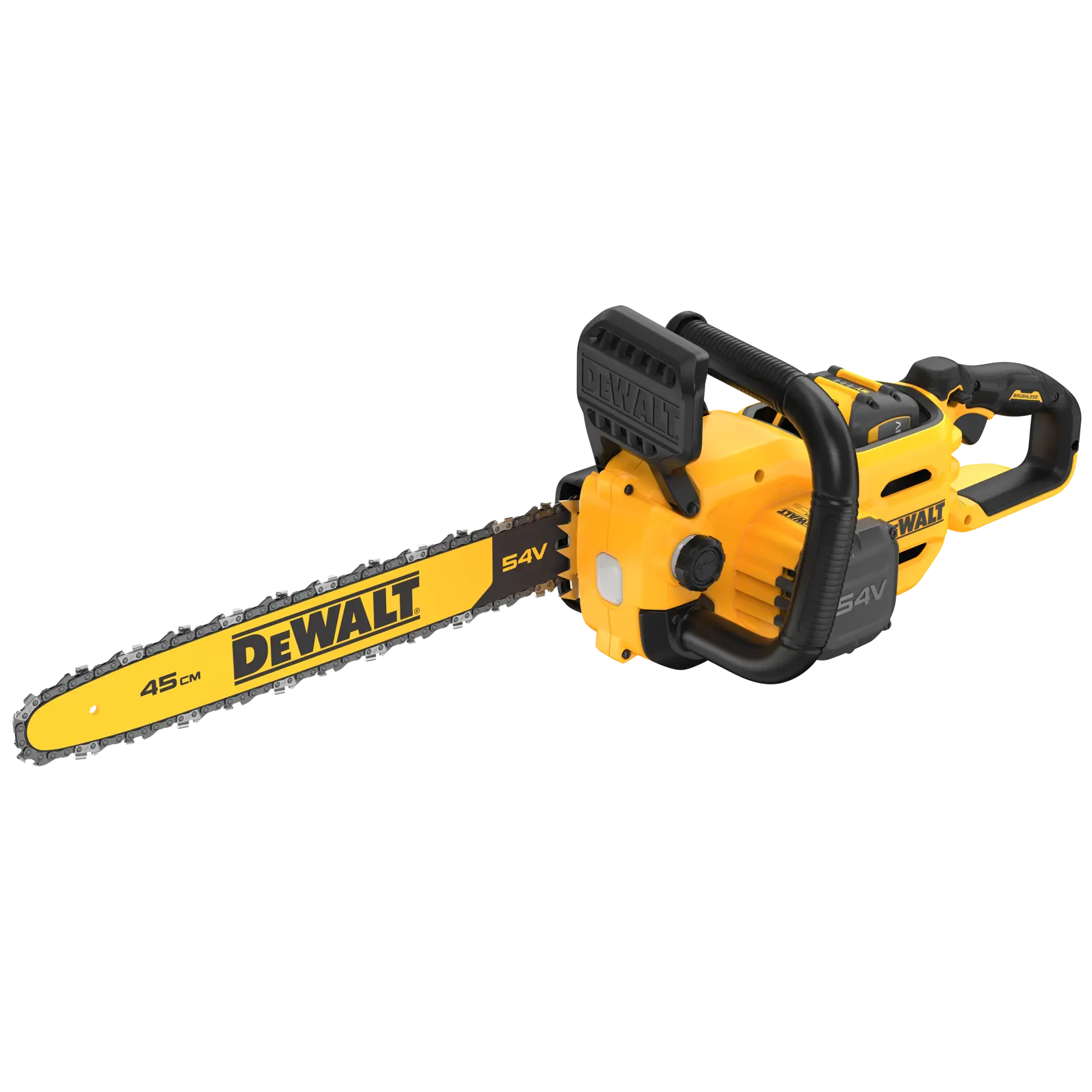 DEWALT chainsaw 54V, 45cm. Shown: SKUs DCMCS574X1, DCMCS574X1-QW. Yellow and black design.