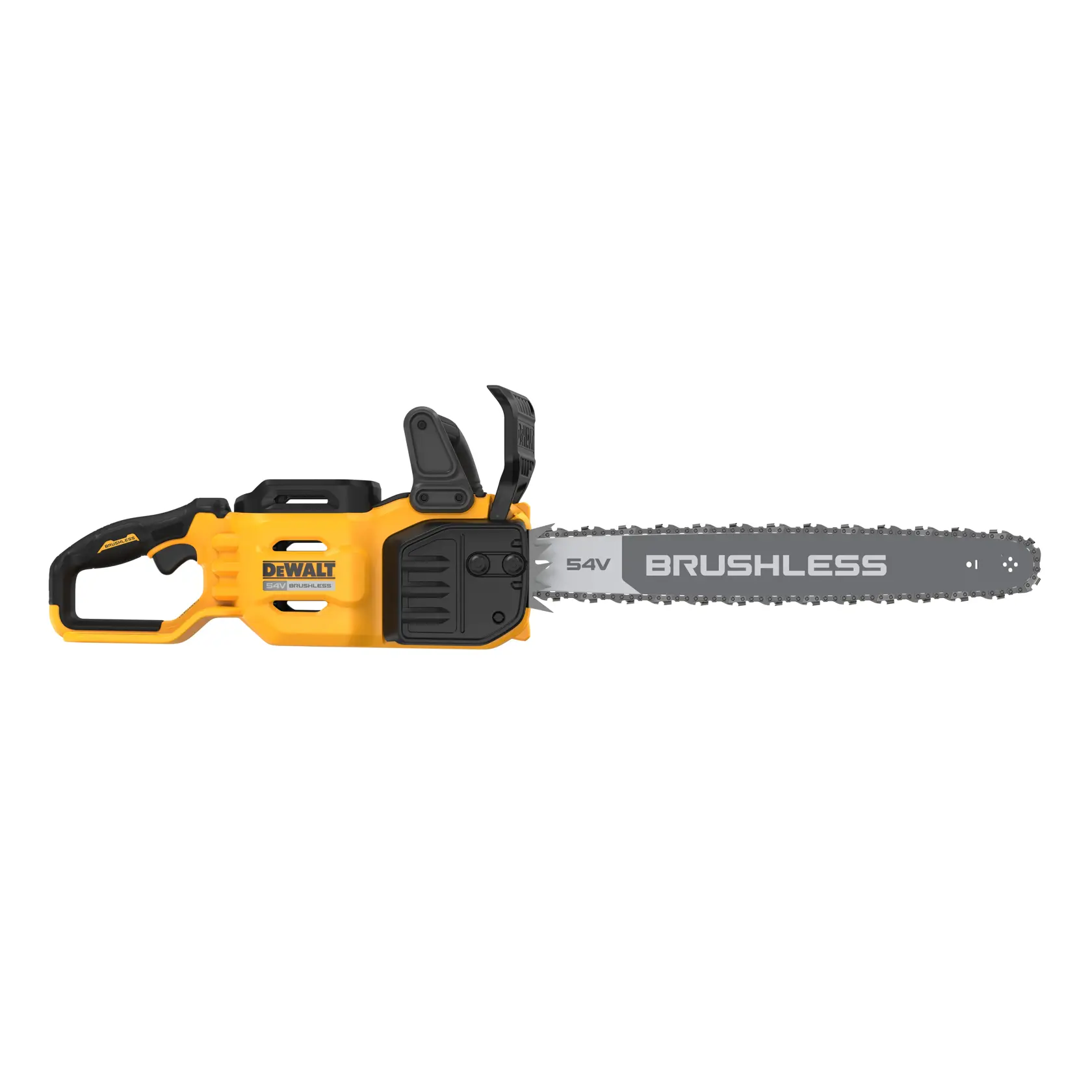Yellow DEWALT cordless brushless chainsaw with 54V motor, shown from the side on a white background.