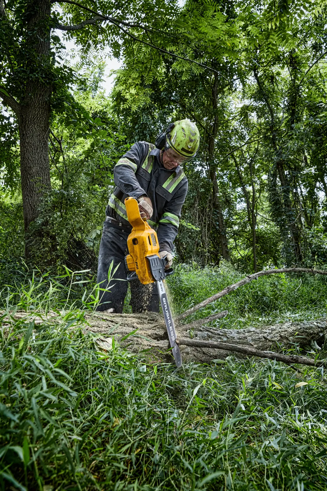 A person wearing protective gear is using a yellow DEWALT chainsaw to cut a fallen tree branch outdoors in a forested area