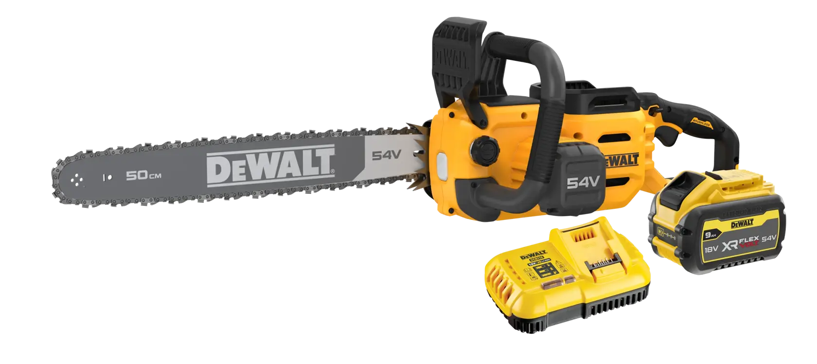 Set motosega DEWALT 54V a batteria con caricatore, adatto per tagliare legno.