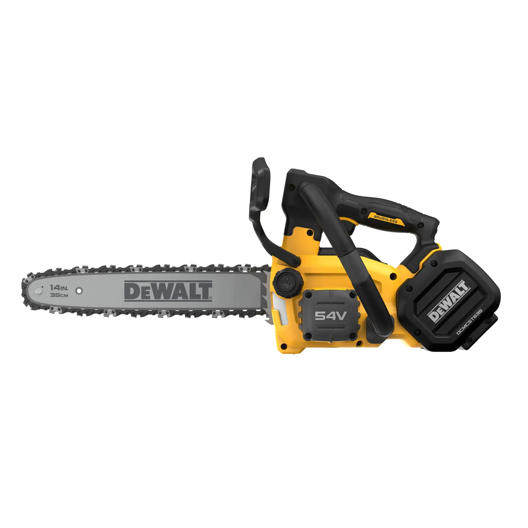 DEWALT 54V cordless chainsaw with a 14-inch blade. Yellow and black design. Suitable for outdoor cutting tasks.