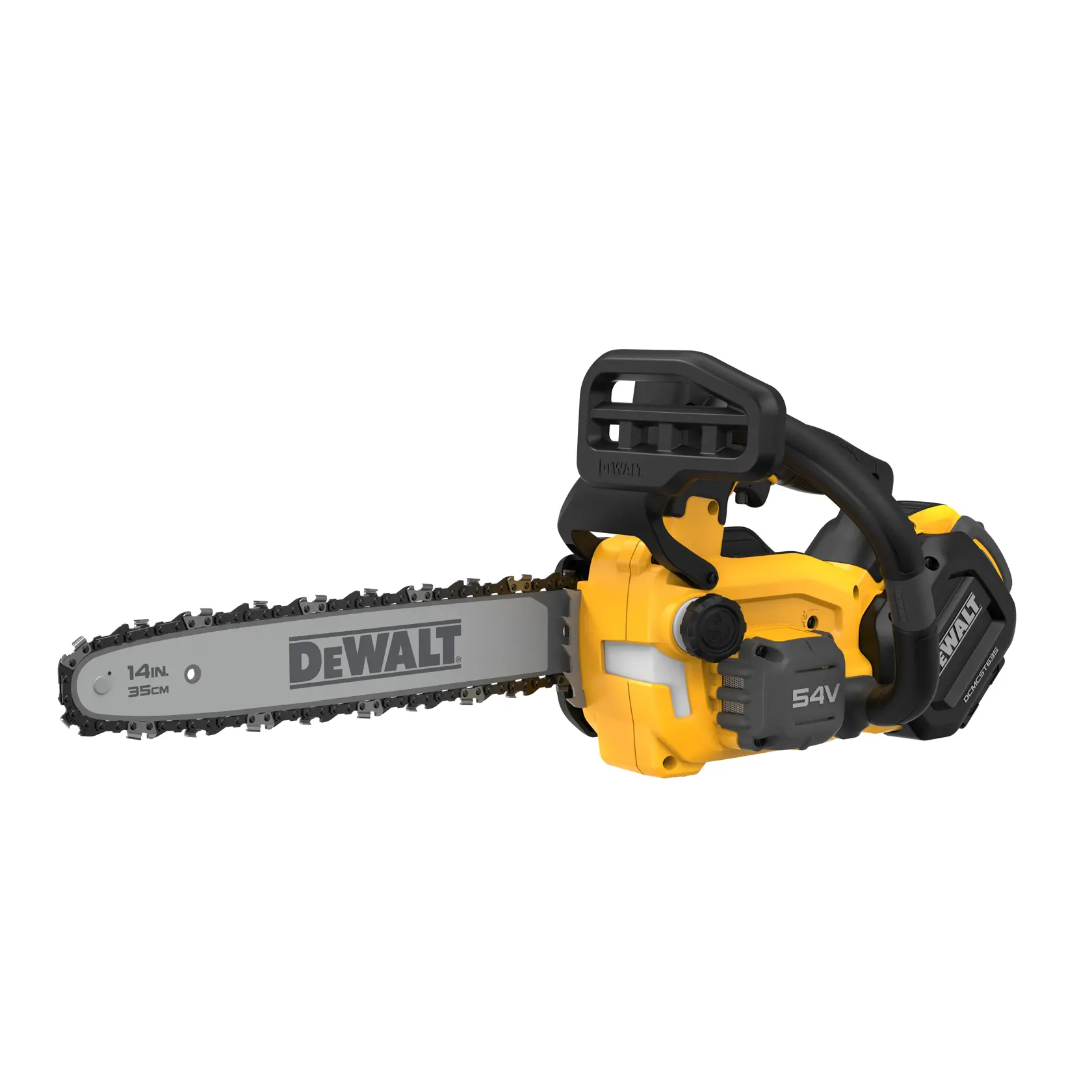 DEWALT 54V cordless chainsaw, yellow and black, with 14-inch blade, shown on white background.
