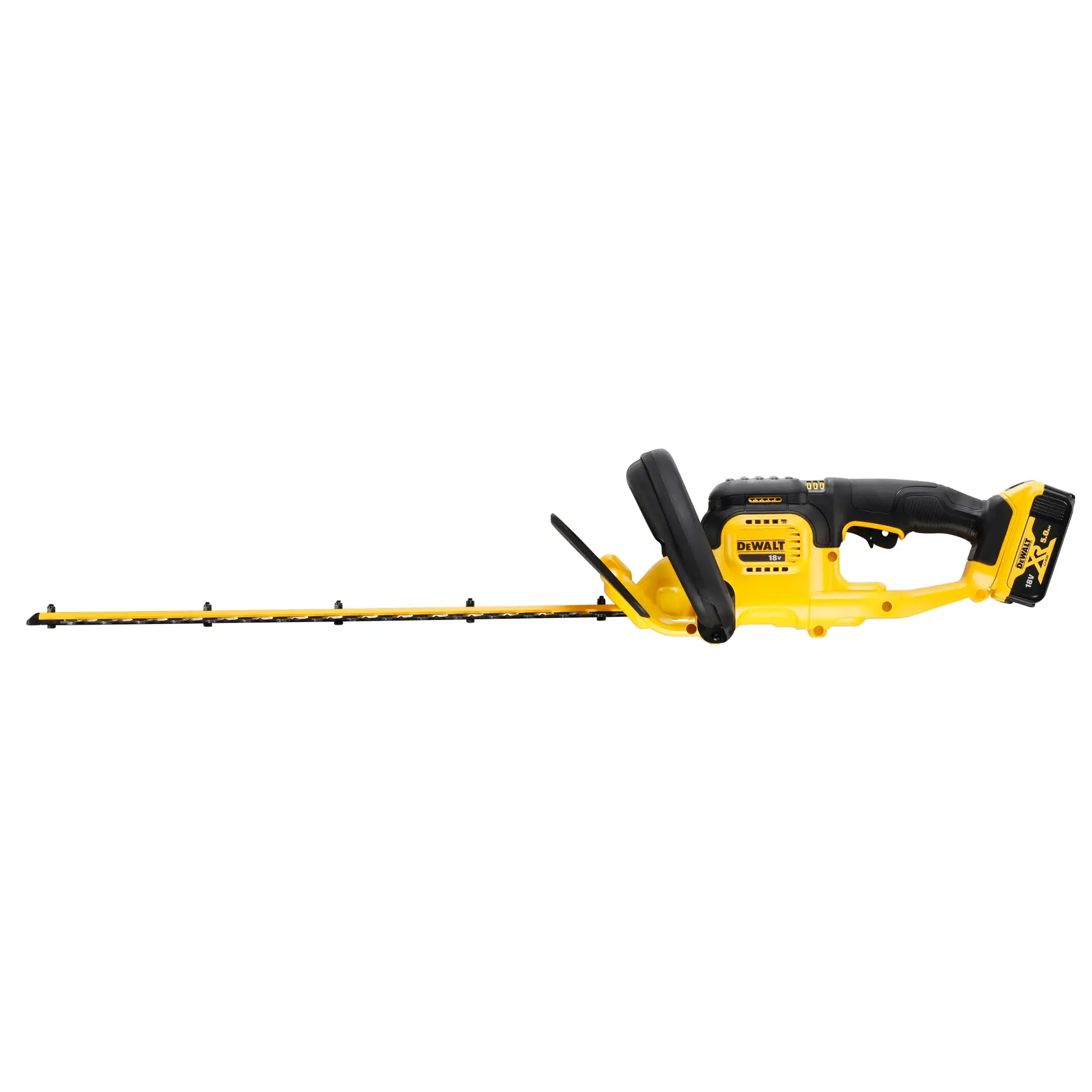 Yellow and black DEWALT cordless hedge trimmer with long blade and ergonomic handle.