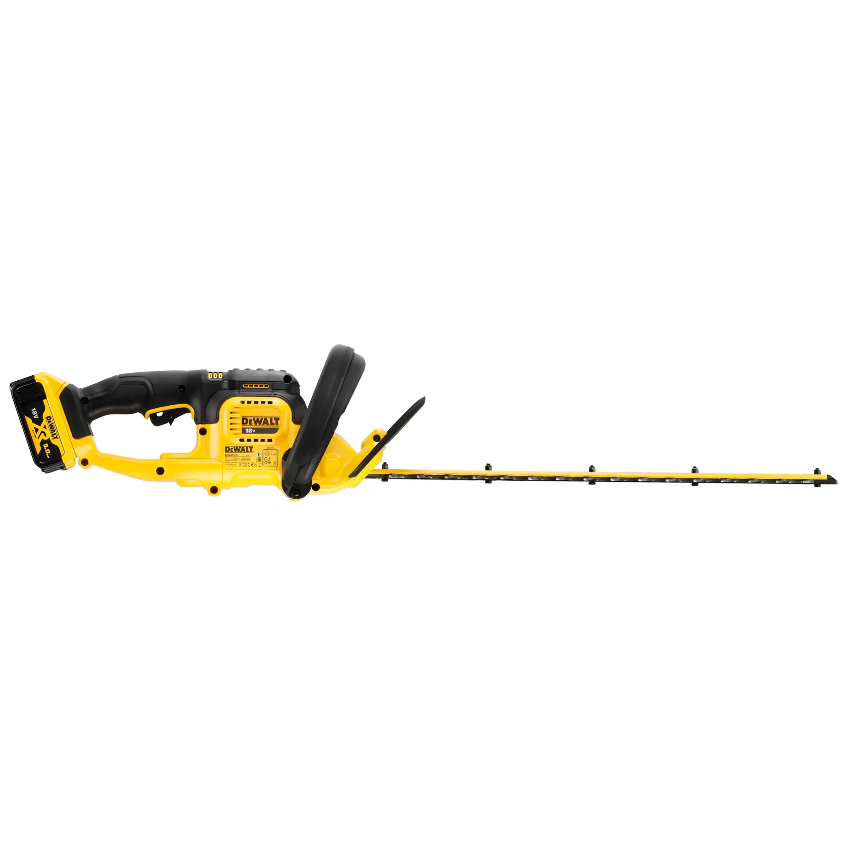 DEWALT cordless yellow hedge trimmer with black handle and battery, shown from the side on a white background.