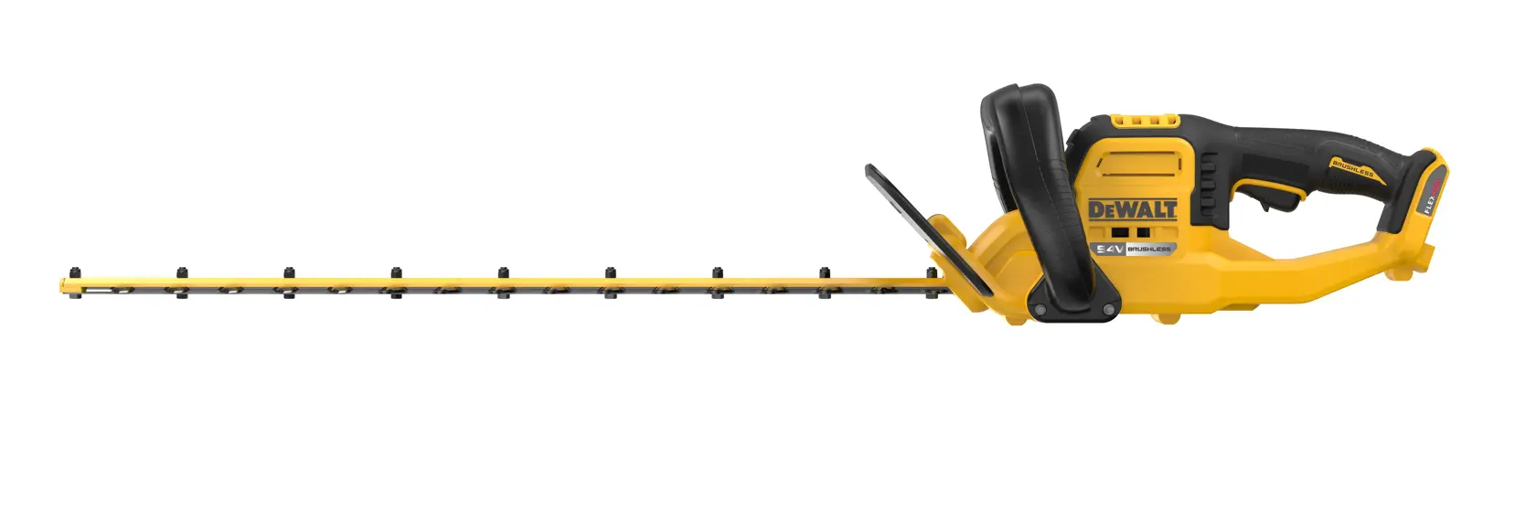 DEWALT cordless hedge trimmer with a yellow and black body and long blade, shown on a white background.