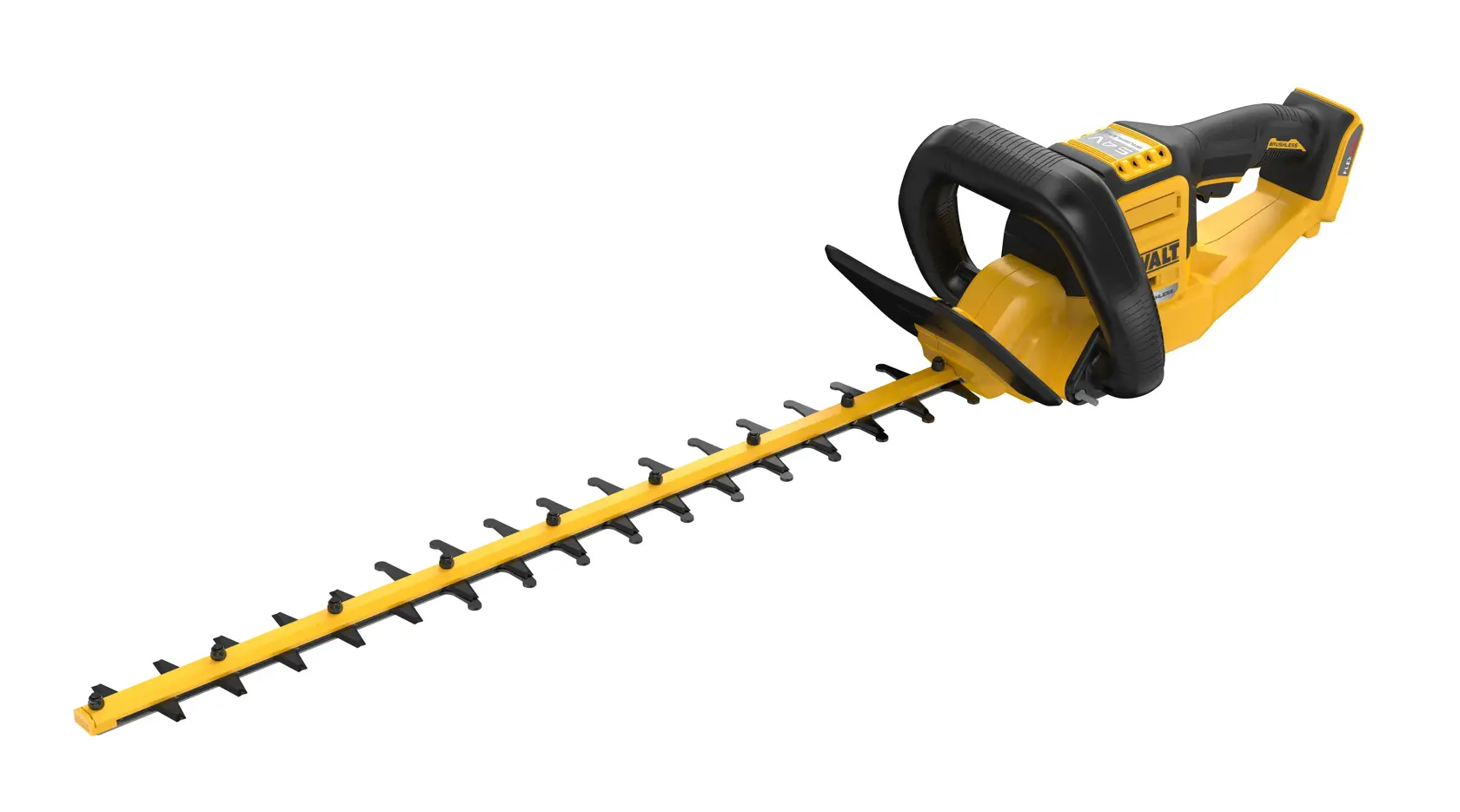 Yellow and black cordless hedge trimmer with a long blade and ergonomic handle, photographed on white background.