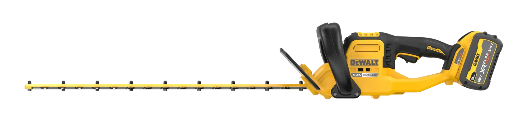 Tagliasiepi DEWALT giallo e nero senza fili con batteria, lama lunga e impugnatura ergonomica, vista laterale.