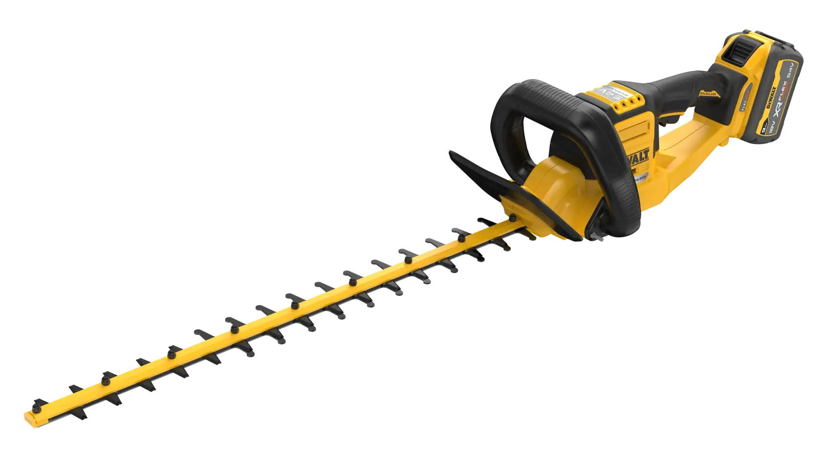 Tagliasiepi DEWALT giallo senza filo con manico nero e lama lunga su sfondo bianco.