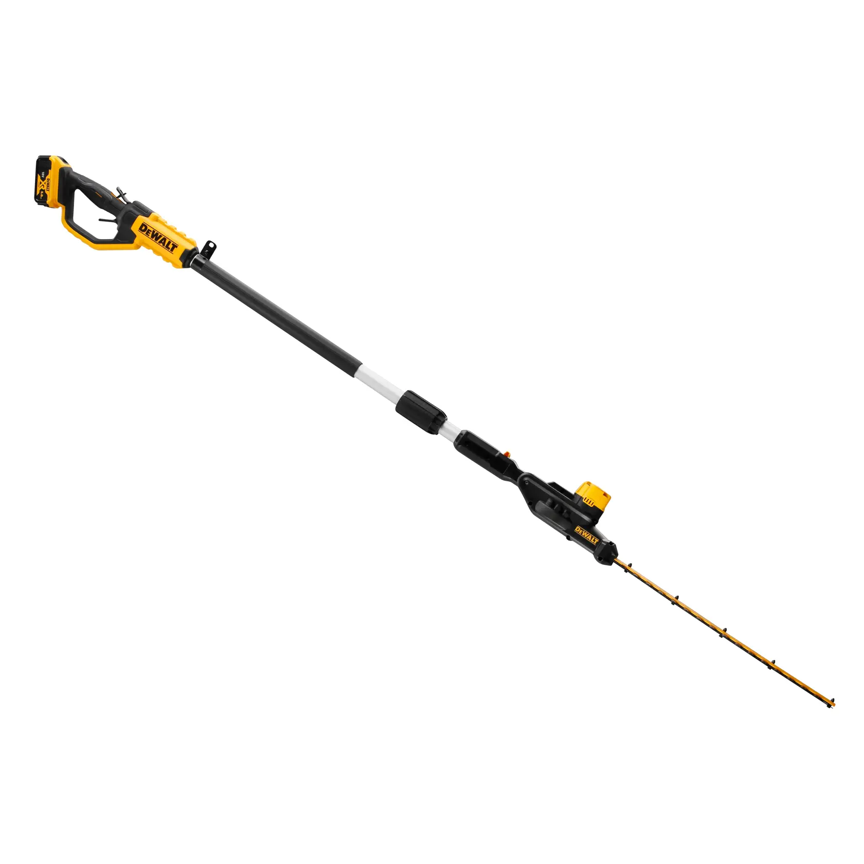 DEWALT cordless pole hedge trimmer with telescopic shaft for extended reach, shown isolated on a white background.