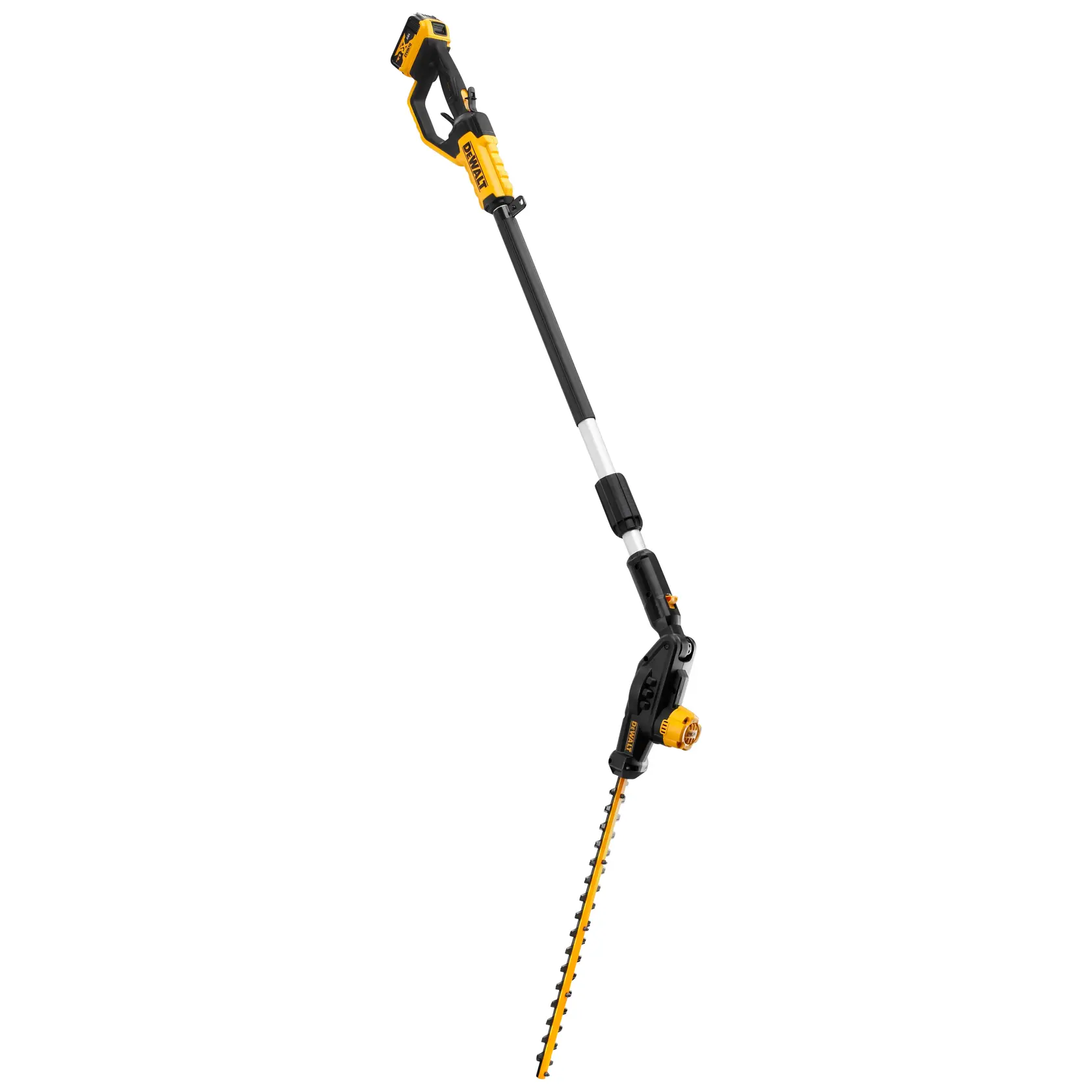 DEWALT cordless pole hedge trimmer with telescopic shaft and yellow-black design, isolated on white background.