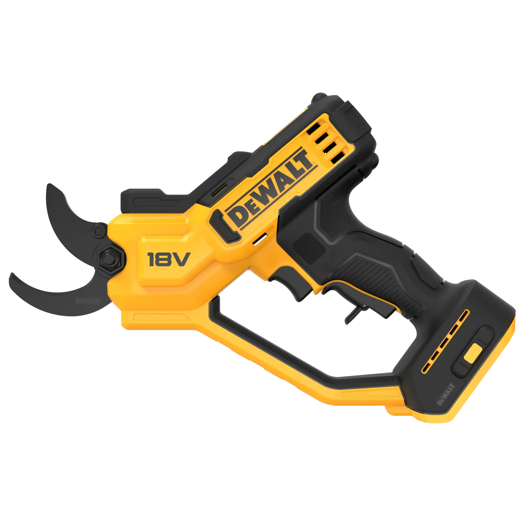 DEWALT 18V cordless pruner with black and yellow body, ergonomic handle, and sharp cutting blade.
