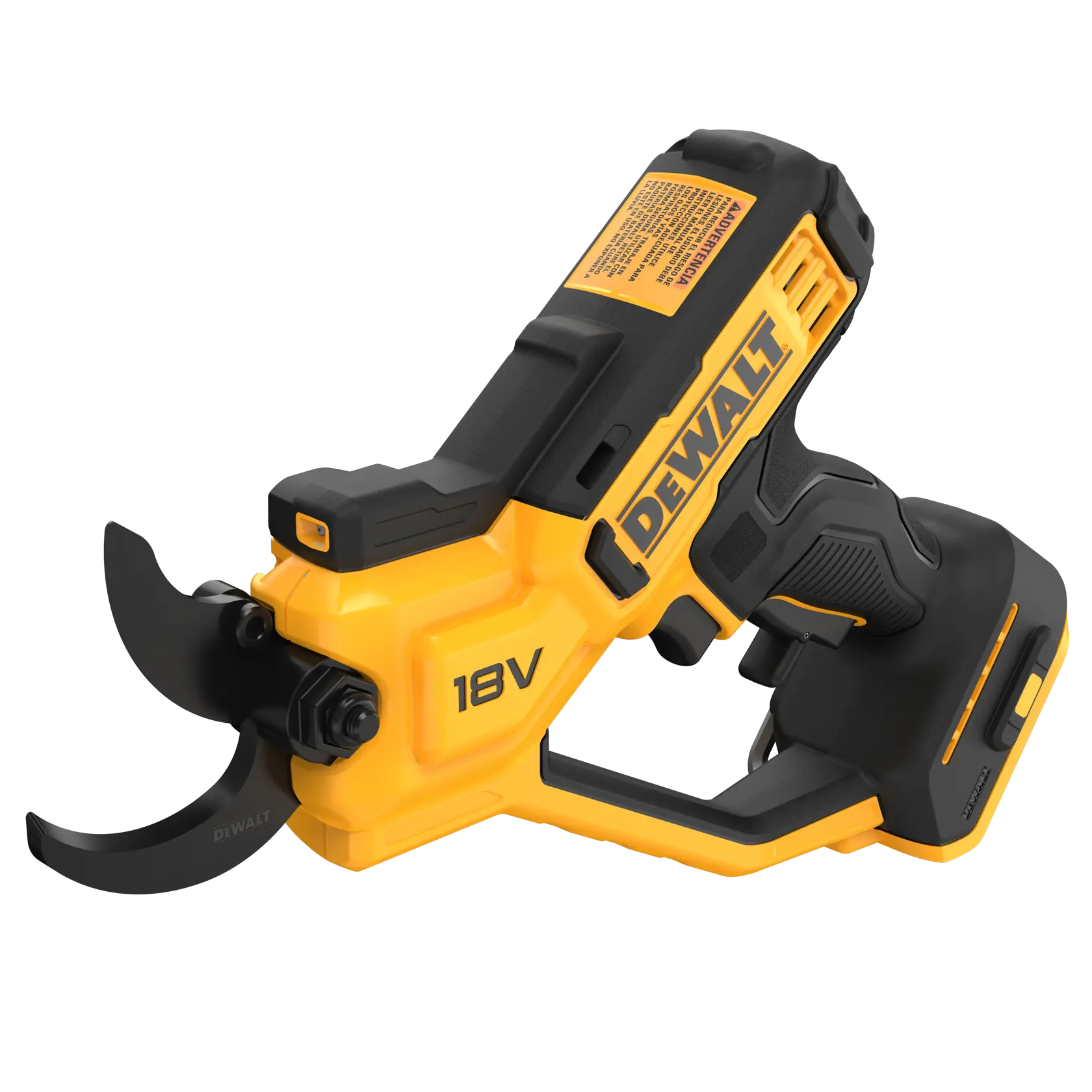 DEWALT 18V cordless pruning shears with yellow and black body and ergonomic handle.