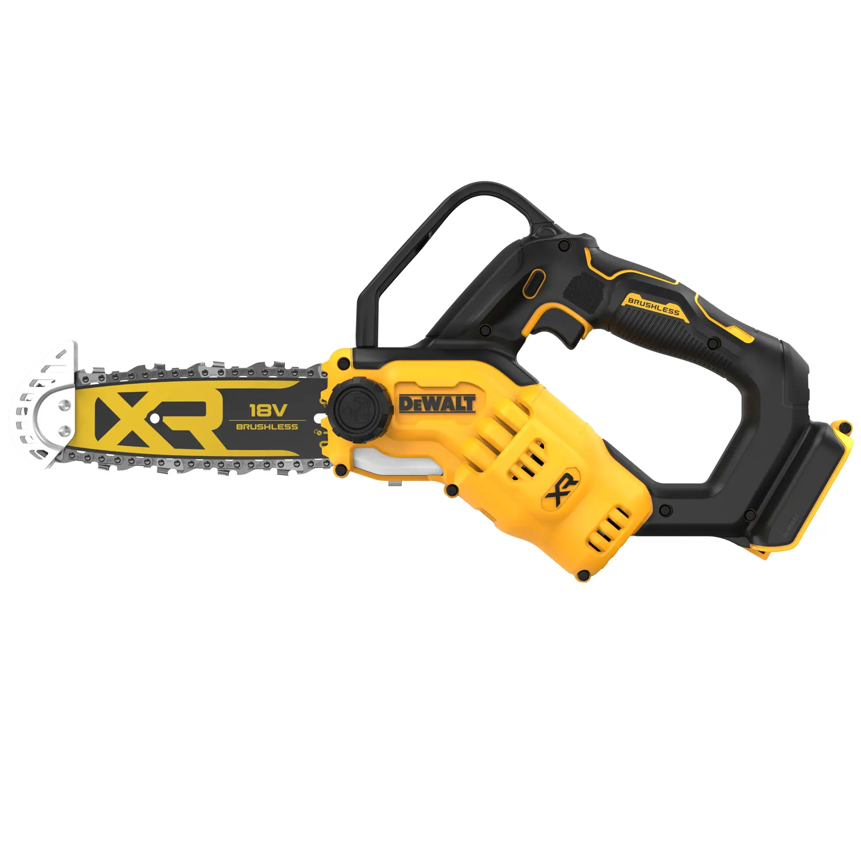 DEWALT 18V XR børsteløs kompakt batteridrevet kjedesag, modell DCMPS520N, med svart og gult hus og synlig kjede.