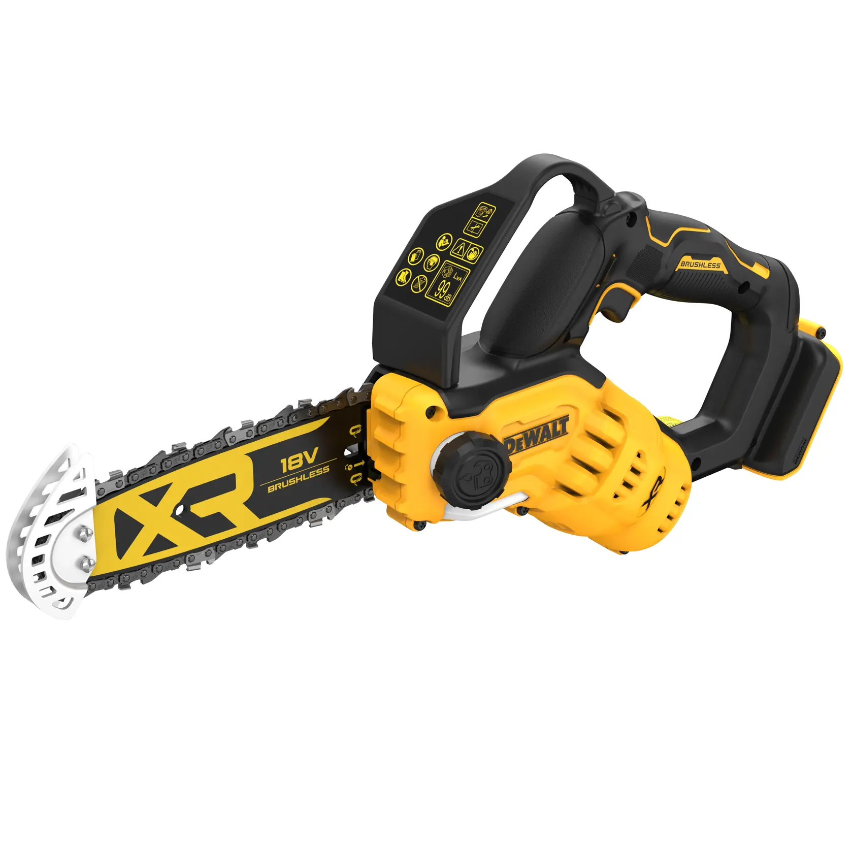 Gul og svart DEWALT 18V XR børsteløs batteridrevet motorsag med ergonomisk håndtak og beskyttelsesbøyle, modell DCMPS520N.