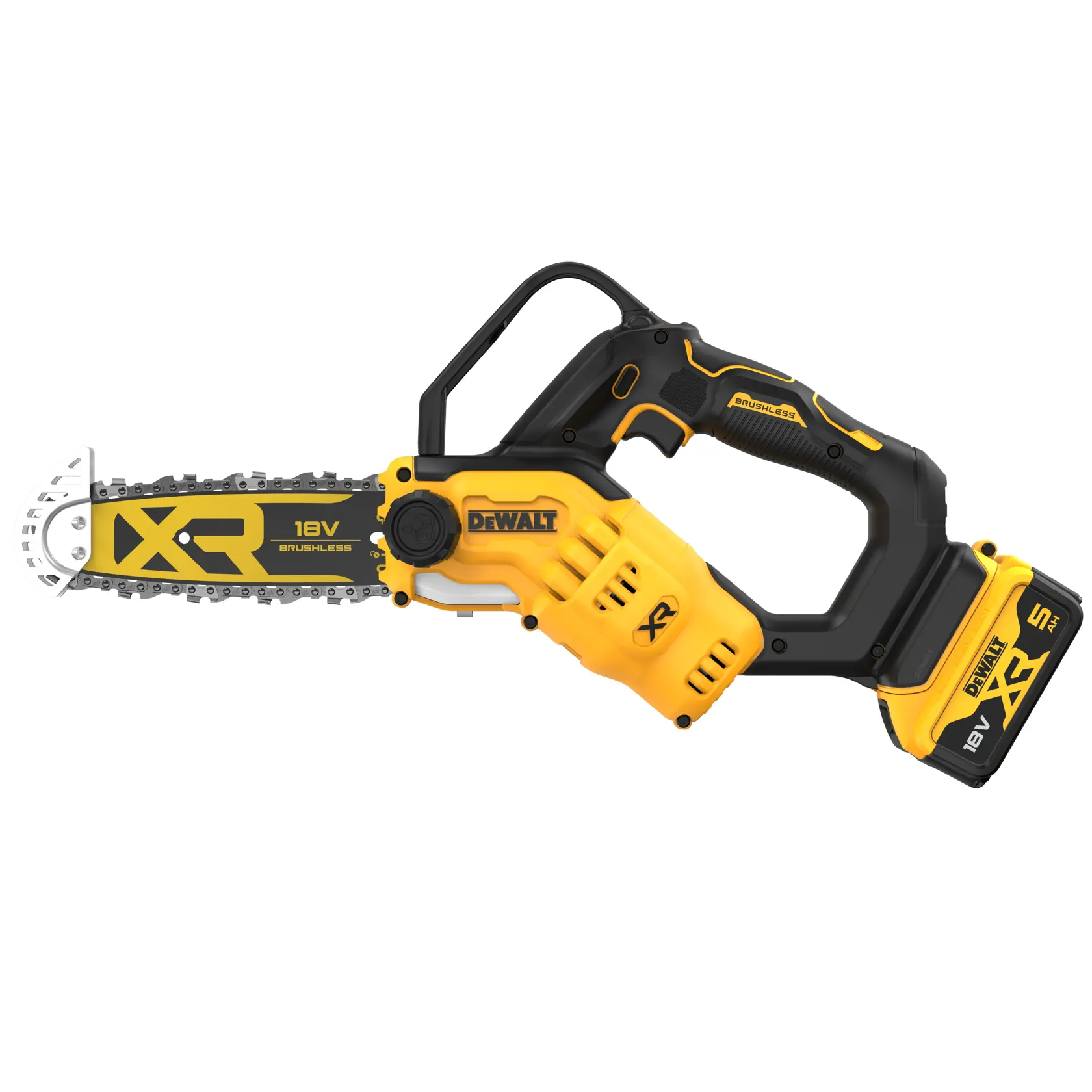 En DEWALT 18V XR batteridrevet børsteløs motorsag med gult og svart design, ergonomisk håndtak, sikkerhetsbeskyttelse og synlig batteripakke.