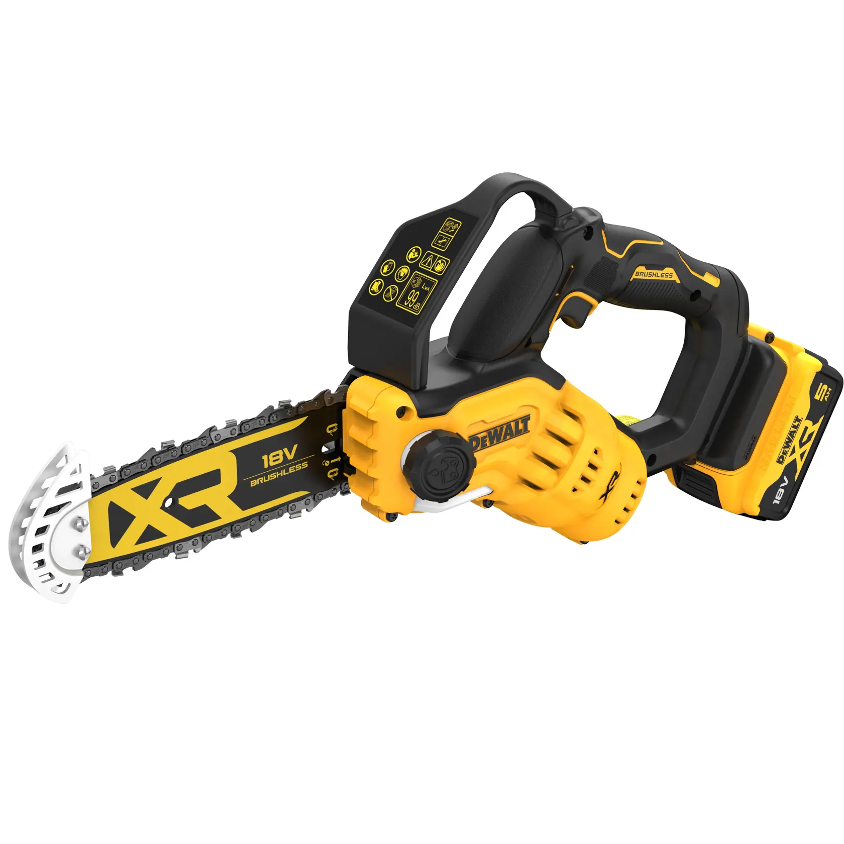 DEWALT cordless pole saw kit with battery and charger, yellow and black color, protective blade cover shown.