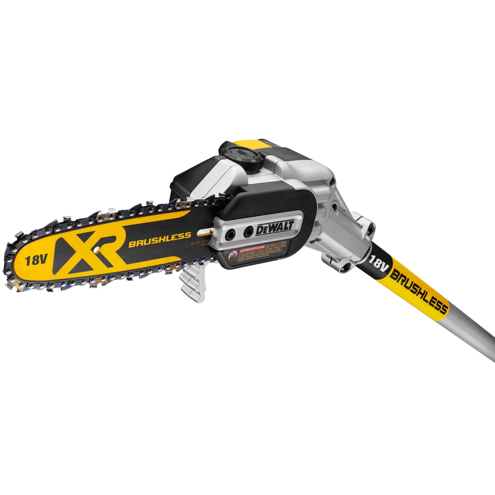 DEWALT 18V XR brushless pole chainsaw with yellow and black bar for pruning and trimming tasks.