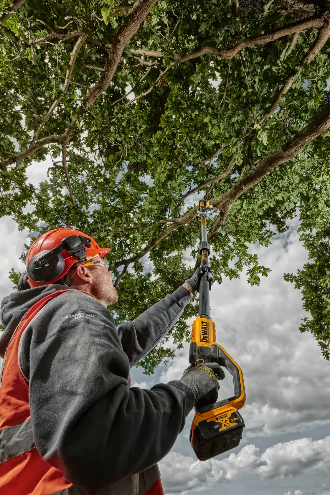 Person cuts high tree branches with a DEWALT pole saw outdoors. Safety gear and cloudy sky are visible.