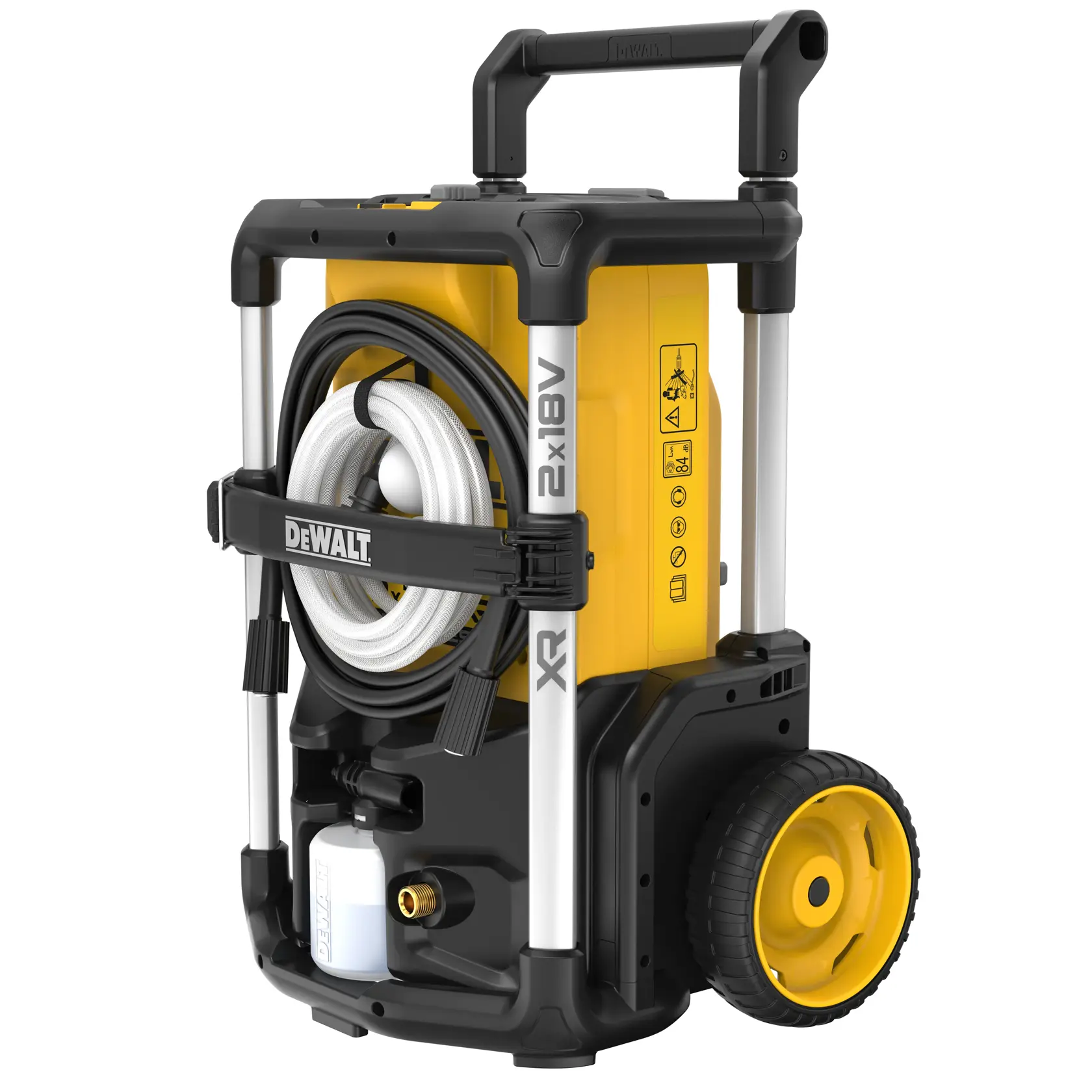 DEWALT bærbar høytrykksspyler, modell DCMPW1600, med gult og svart design, store hjul for enkel transport, slange viklet foran og ergonomisk håndtak.