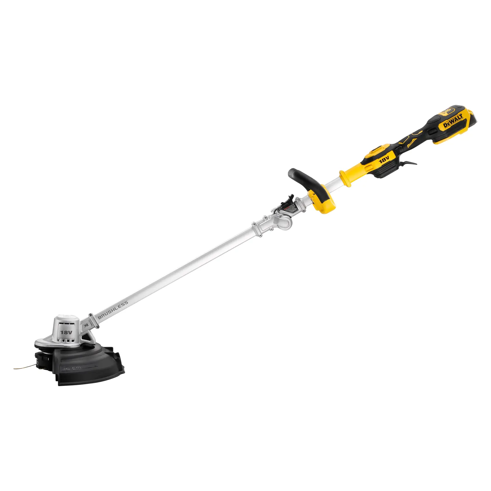 Tagliabordi a batteria DEWALT con motore brushless, impugnatura gialla e nera, lungo albero argentato e protezione di taglio nera.