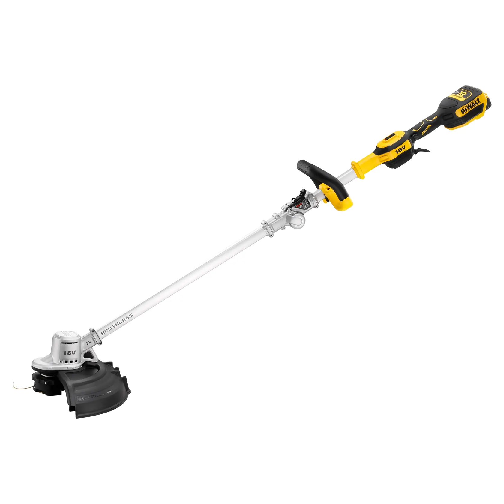 Un decespugliatore a batteria DEWALT brushless con batteria da 18V, dotato di impugnatura gialla e nera e asta argentata, progettato per la manutenzione di giardini e prati.